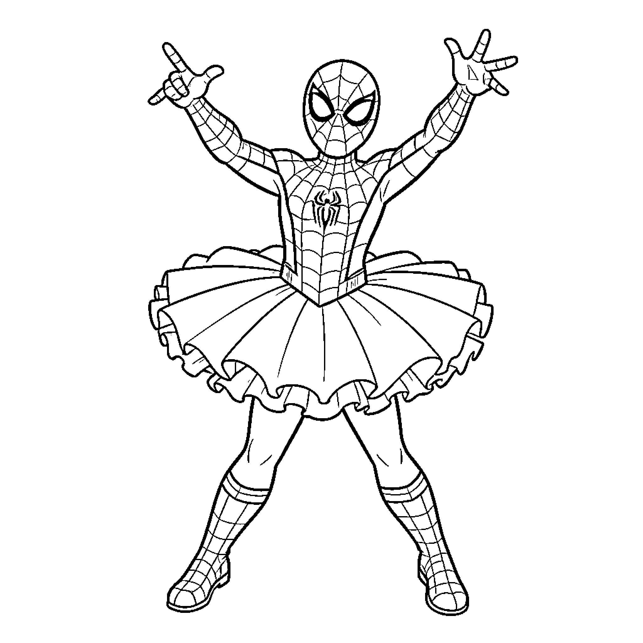 Spiderman wearing a tutu performing a dance pose Coloring Page (free black-and-white line drawing printable PDF for all, from beginners to advanced learners, including children, teens, adults, and seniors)