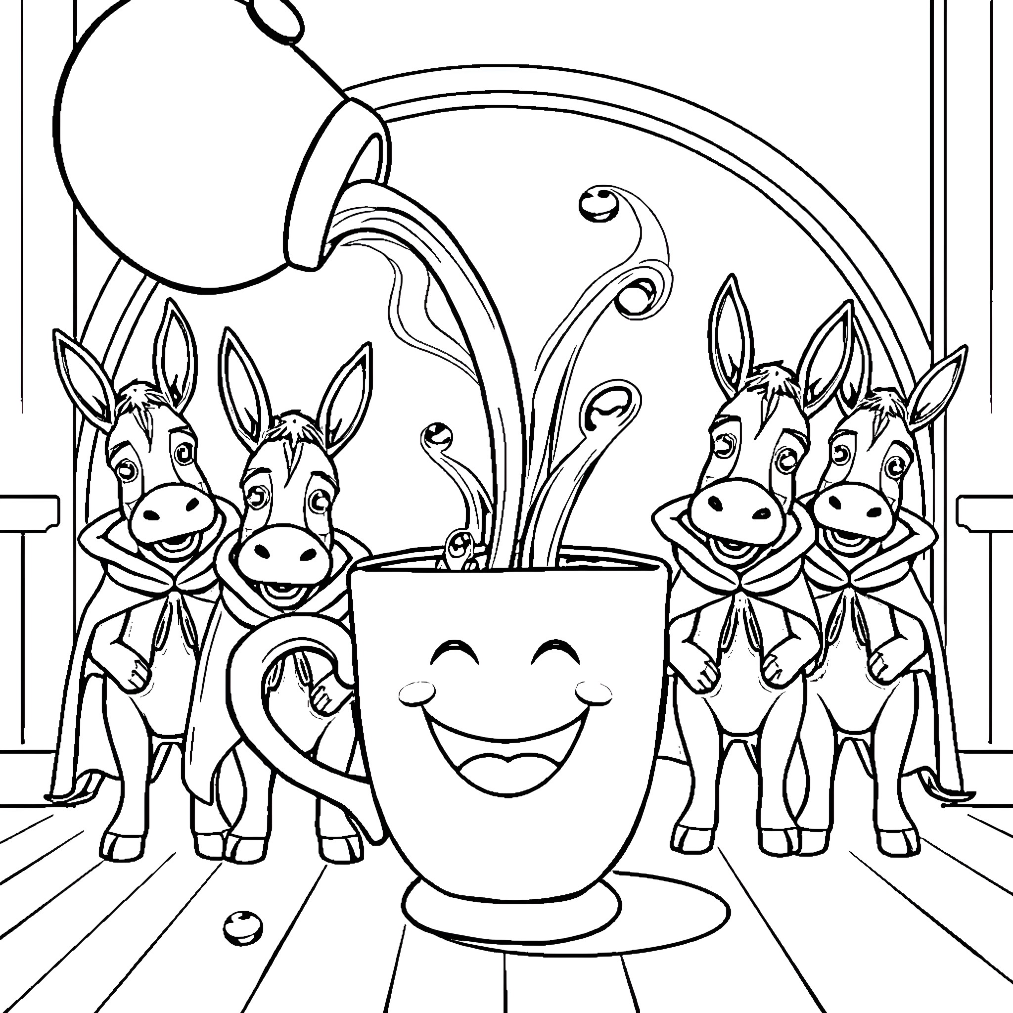Coffee with Cheerful Donkeys in a Whimsical Scene Coloring Page (free black-and-white line drawing printable PDF for all, from beginners to advanced learners, including children, teens, adults, and seniors)