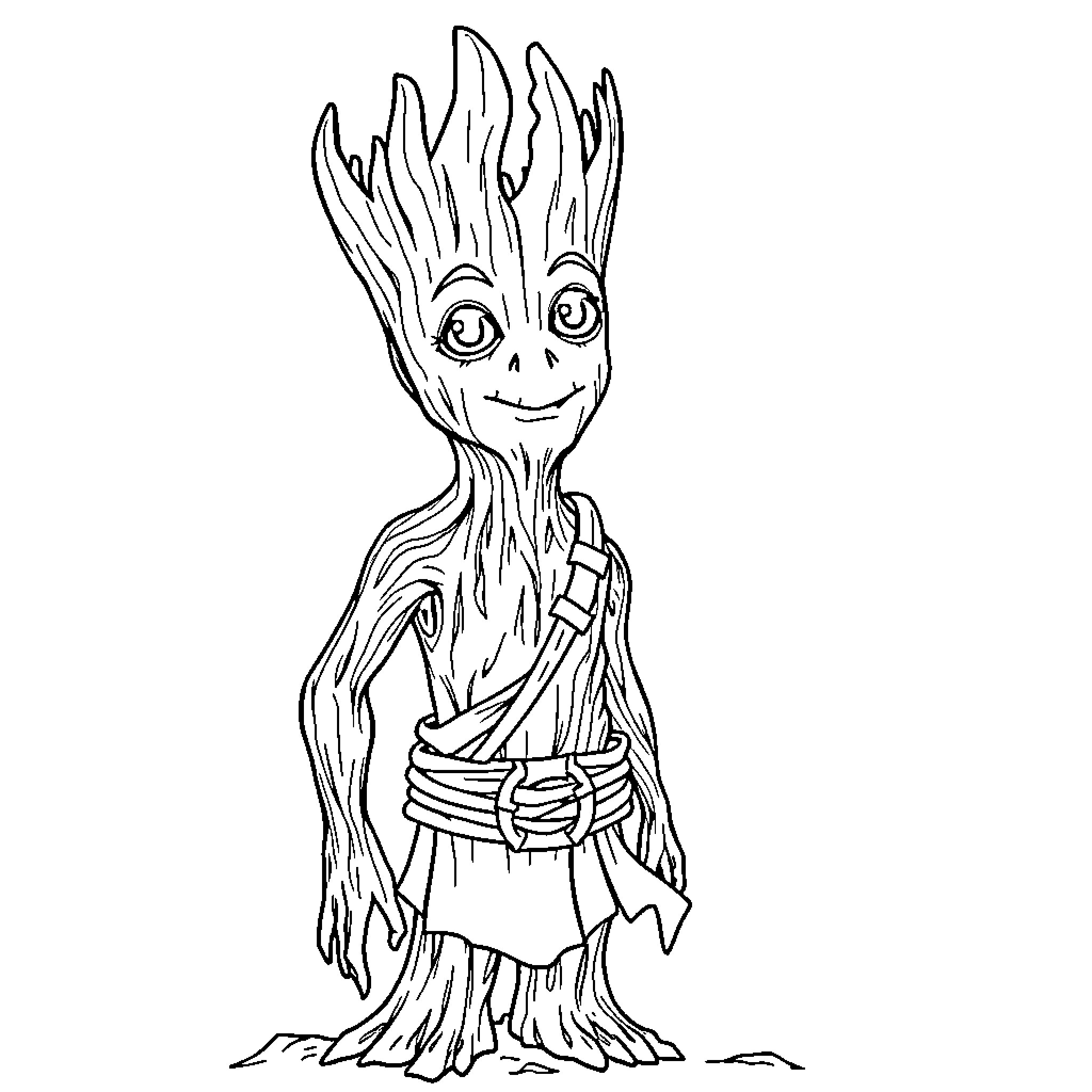 Groot cheerfully stands in playful pose Coloring Page (free black-and-white line drawing printable PDF for all, from beginners to advanced learners, including children, teens, adults, and seniors)