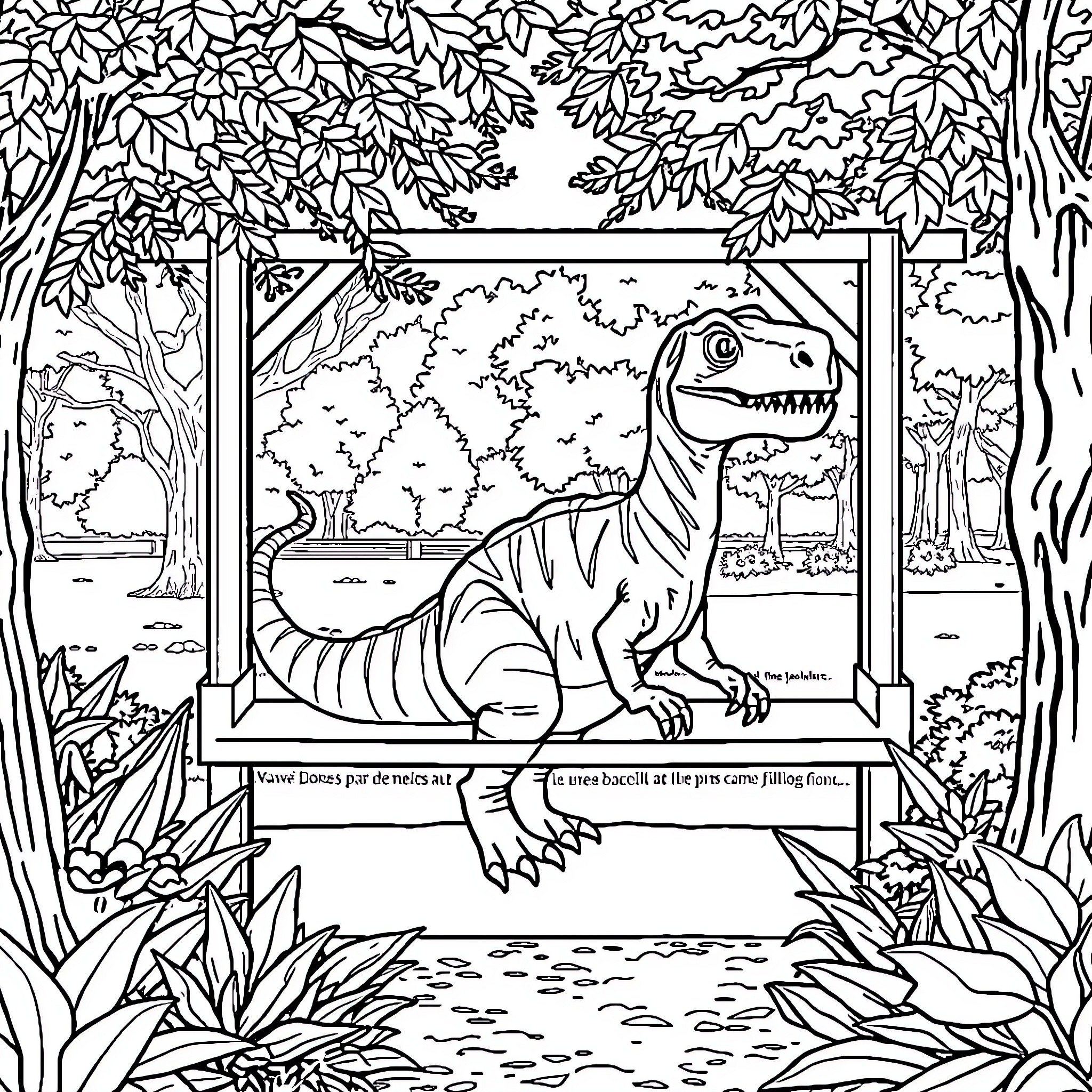 Dinosaur in an enchanted forest scene Coloring Page (free black-and-white line drawing printable PDF for all, from beginners to advanced learners, including children, teens, adults, and seniors)