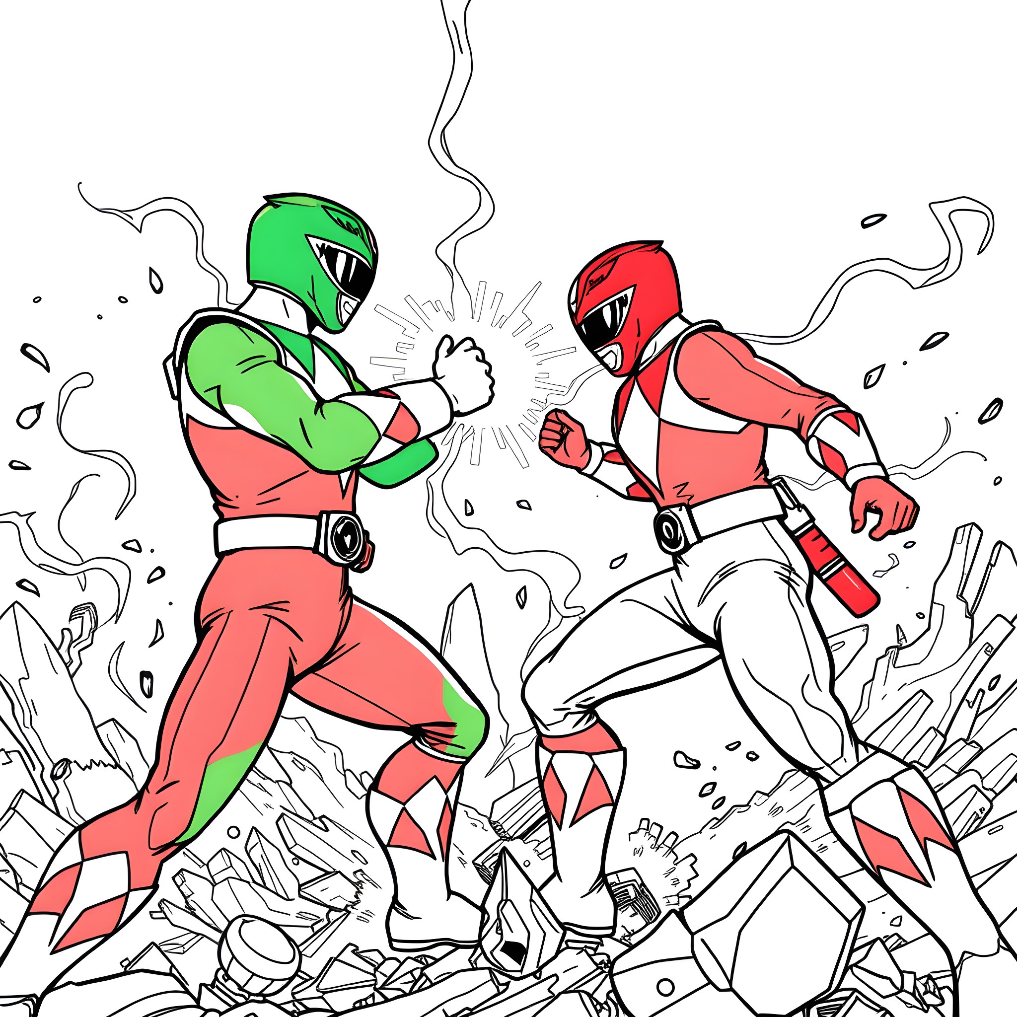 Ranger battle in action-packed combat scene Coloring Page (free black-and-white line drawing printable PDF for all, from beginners to advanced learners, including children, teens, adults, and seniors)