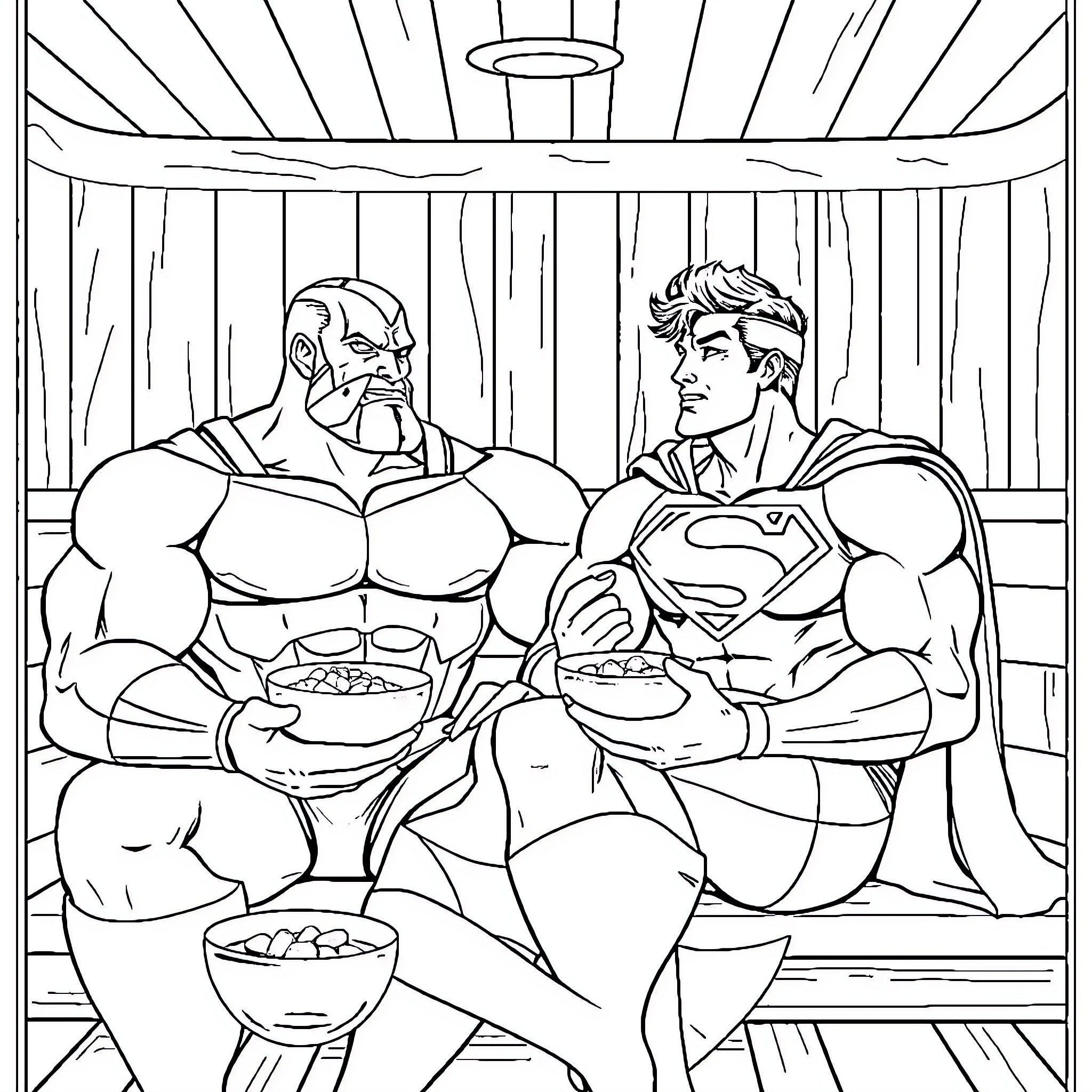 All Might Superheroes Enjoying a Meal Together Coloring Page (free black-and-white line drawing printable PDF for all, from beginners to advanced learners, including children, teens, adults, and seniors)