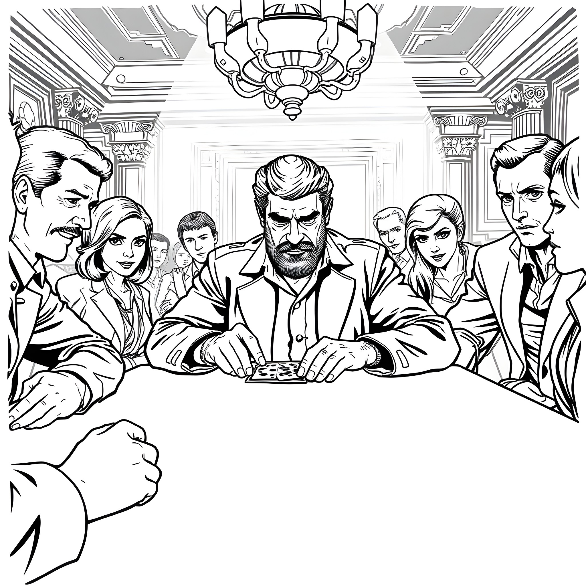 Saddam Hussein presiding over meeting with colleagues Coloring Page (free black-and-white line drawing printable PDF for all, from beginners to advanced learners, including children, teens, adults, and seniors)