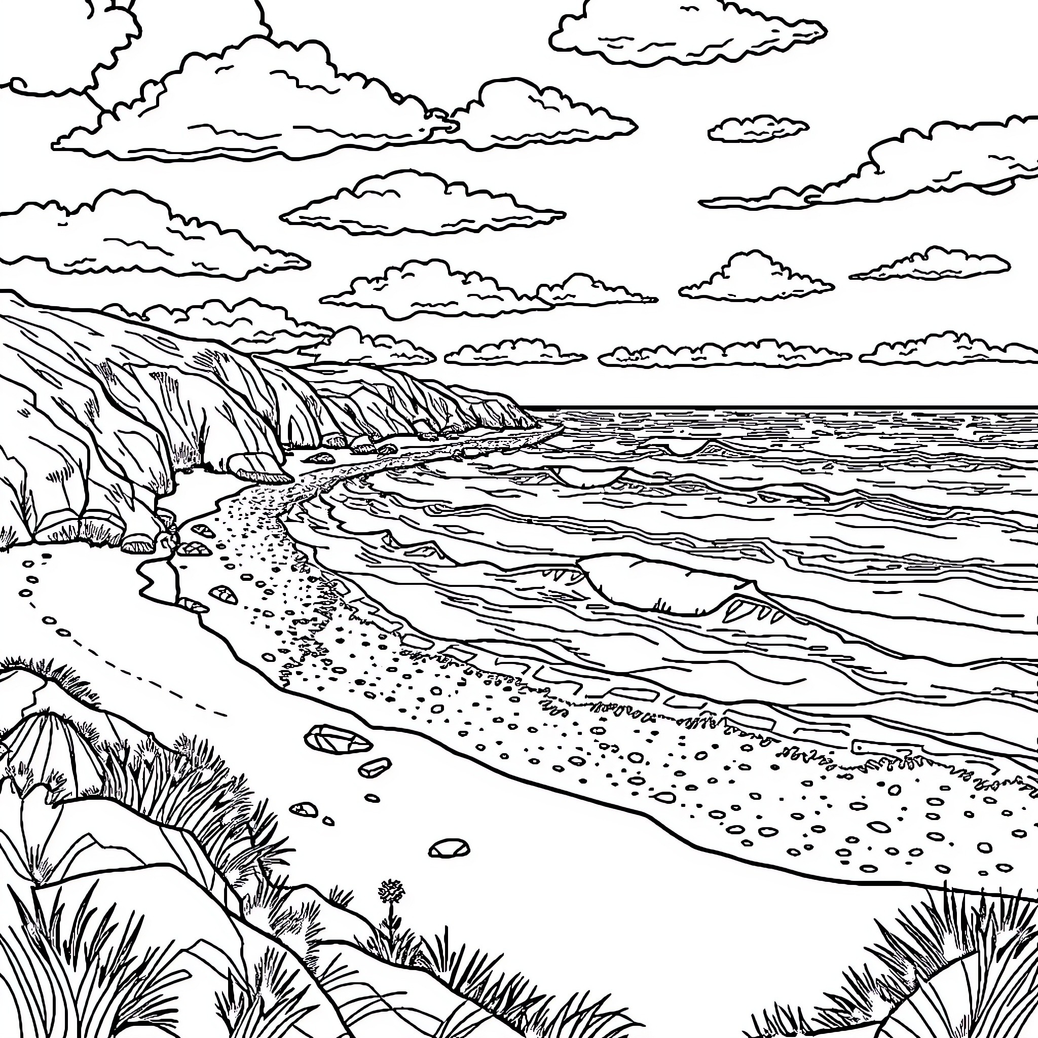 Sea Landscape with Dramatic Clouds and Coastline Coloring Page (free black-and-white line drawing printable PDF for all, from beginners to advanced learners, including children, teens, adults, and seniors)