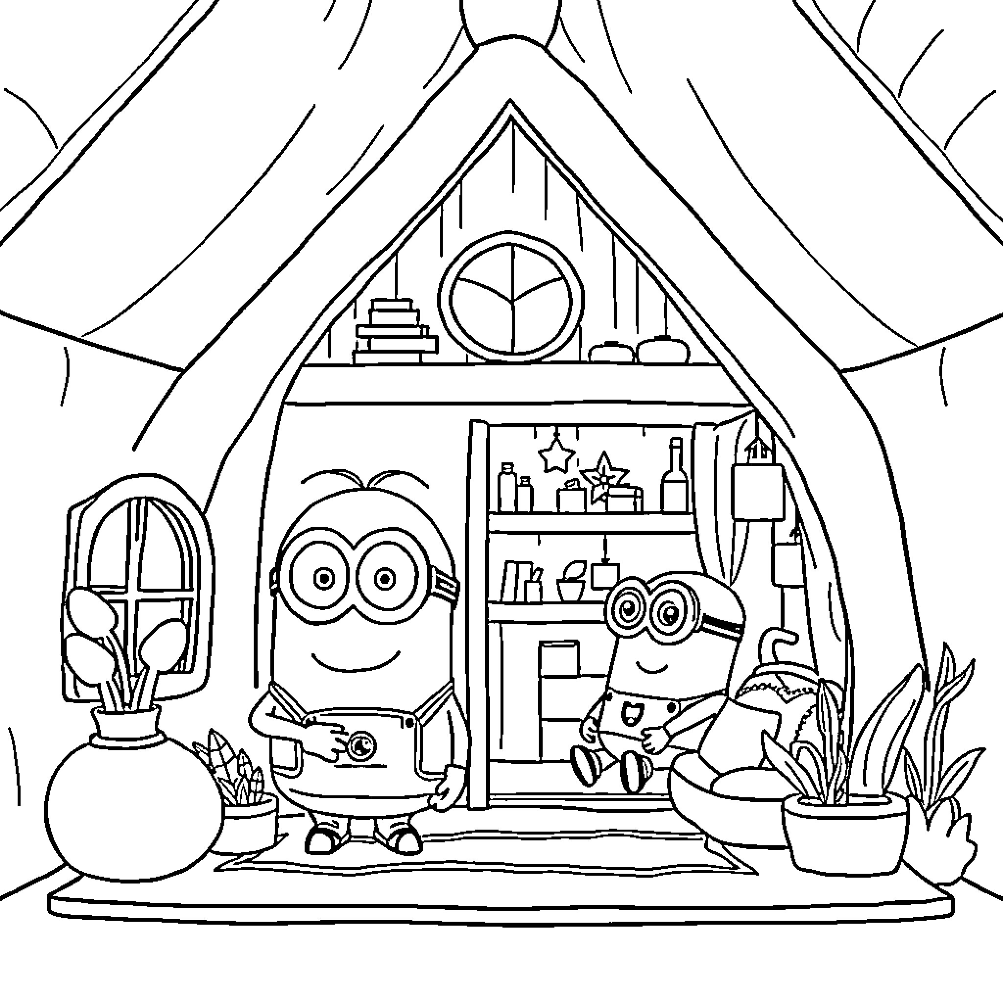 Maison of Minions in Cozy Sanctuary Coloring Page (free black-and-white line drawing printable PDF for all, from beginners to advanced learners, including children, teens, adults, and seniors)