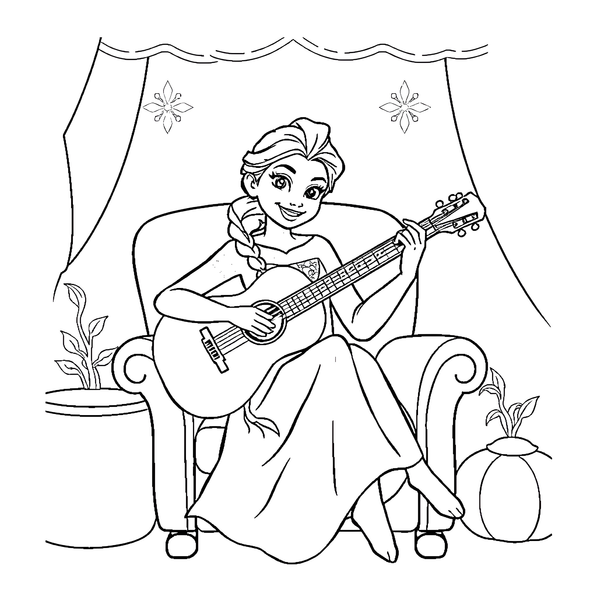 Elsa playing guitar on stage Coloring Page (free black-and-white line drawing printable PDF for all, from beginners to advanced learners, including children, teens, adults, and seniors)