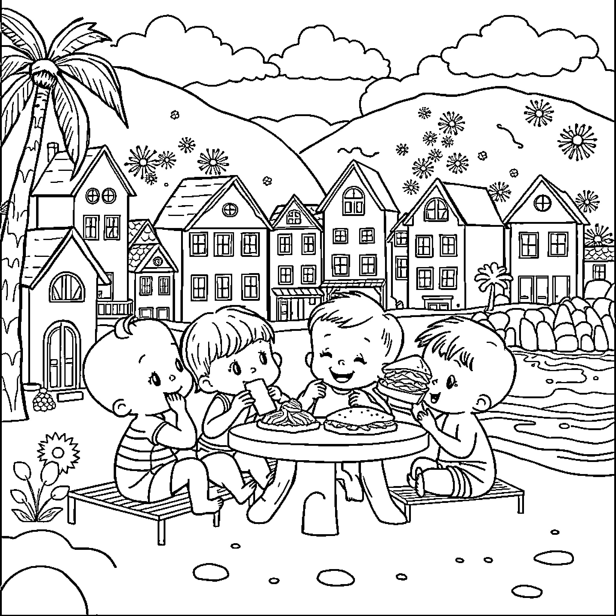 Baby children enjoying outdoor picnic in scenic town Coloring Page (free black-and-white line drawing printable PDF for all, from beginners to advanced learners, including children, teens, adults, and seniors)