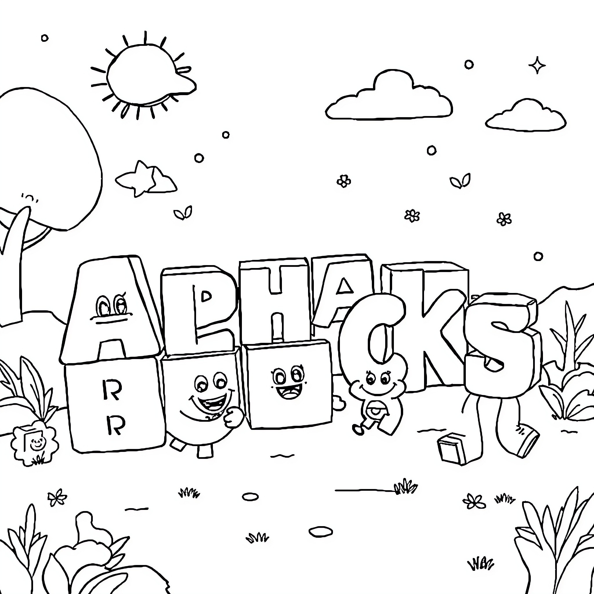 Alphablocks in a Playful Outdoor Scene Coloring Page (free black-and-white line drawing printable PDF for all, from beginners to advanced learners, including children, teens, adults, and seniors)