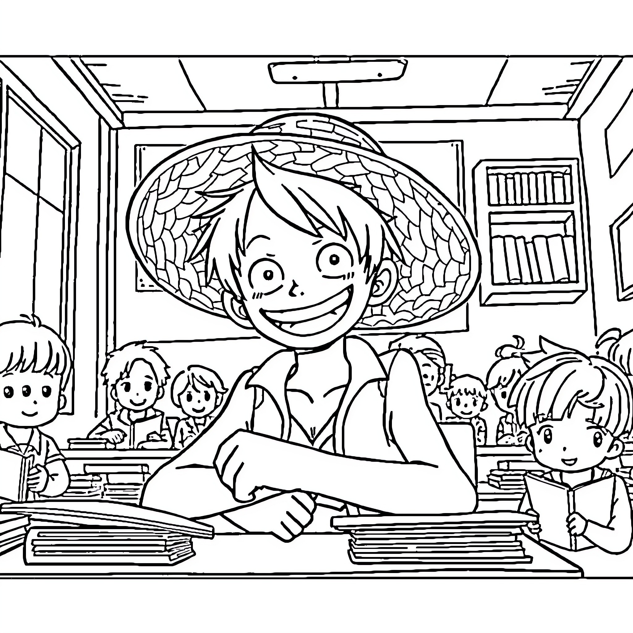 Monkey D Luffy's Amusing Classroom Adventure Coloring Page (free black-and-white line drawing printable PDF for all, from beginners to advanced learners, including children, teens, adults, and seniors)