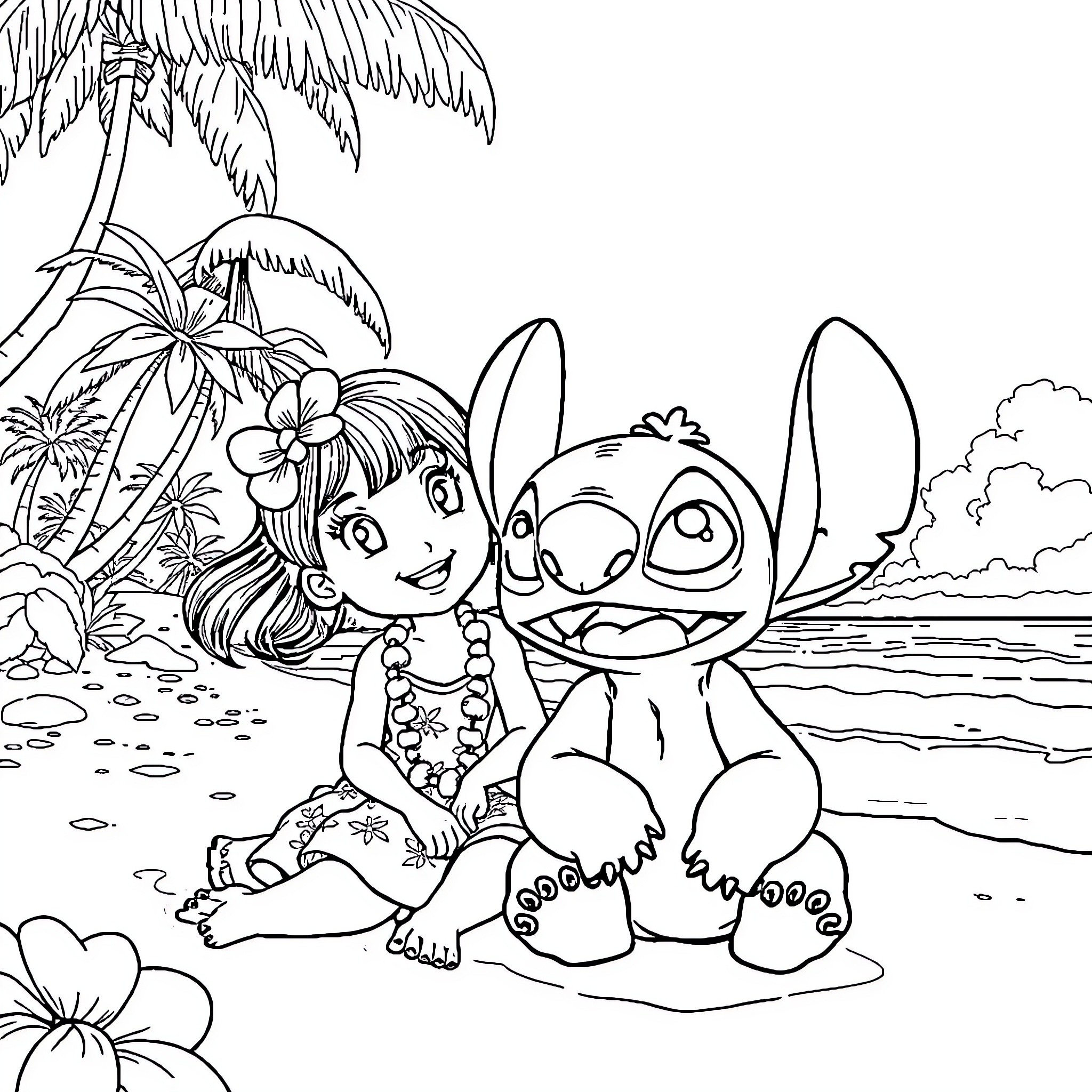 Lilo And Stitch playing on the beach Coloring Page (free black-and-white line drawing printable PDF for all, from beginners to advanced learners, including children, teens, adults, and seniors)