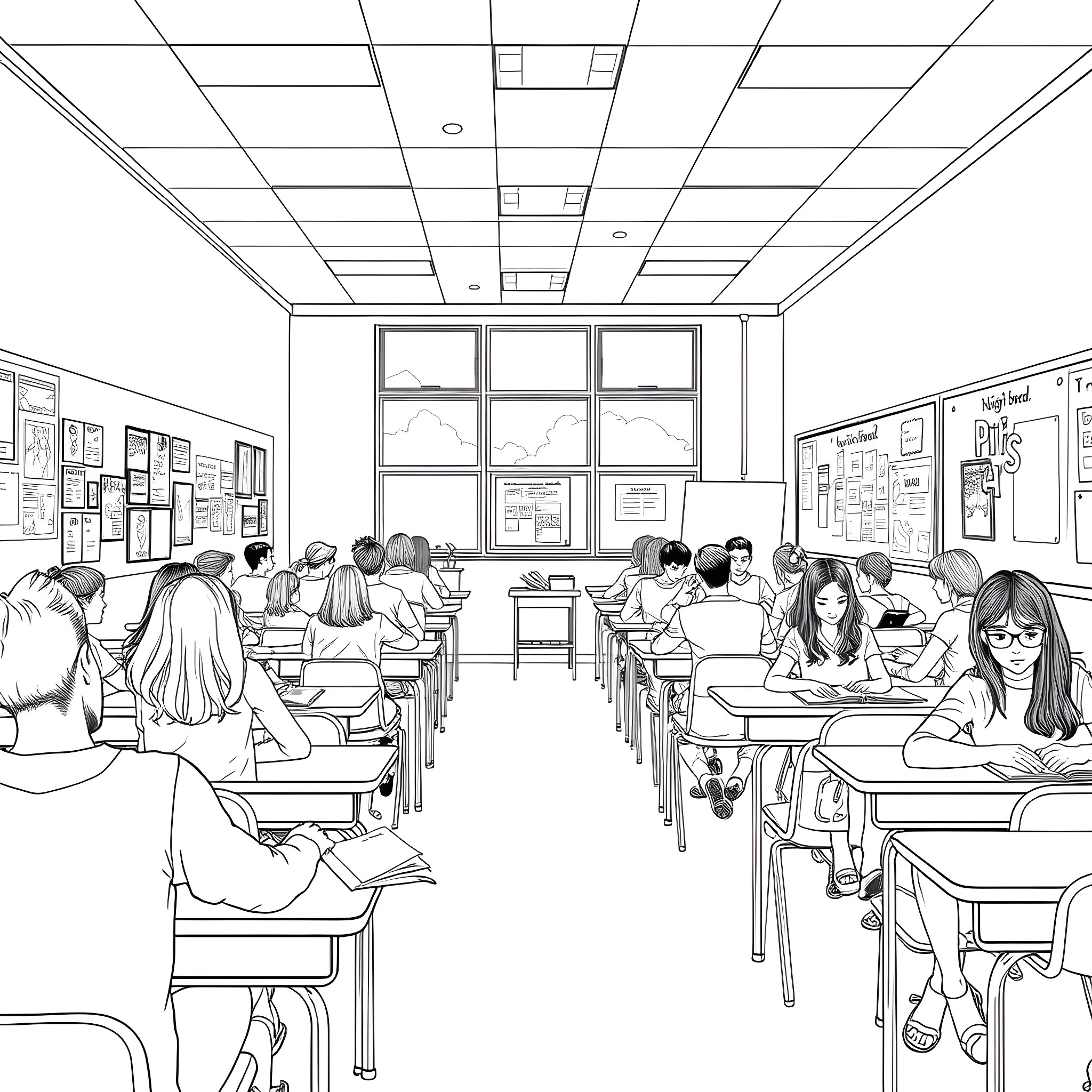 Teen students studying diligently in classroom Coloring Page (free black-and-white line drawing printable PDF for all, from beginners to advanced learners, including children, teens, adults, and seniors)