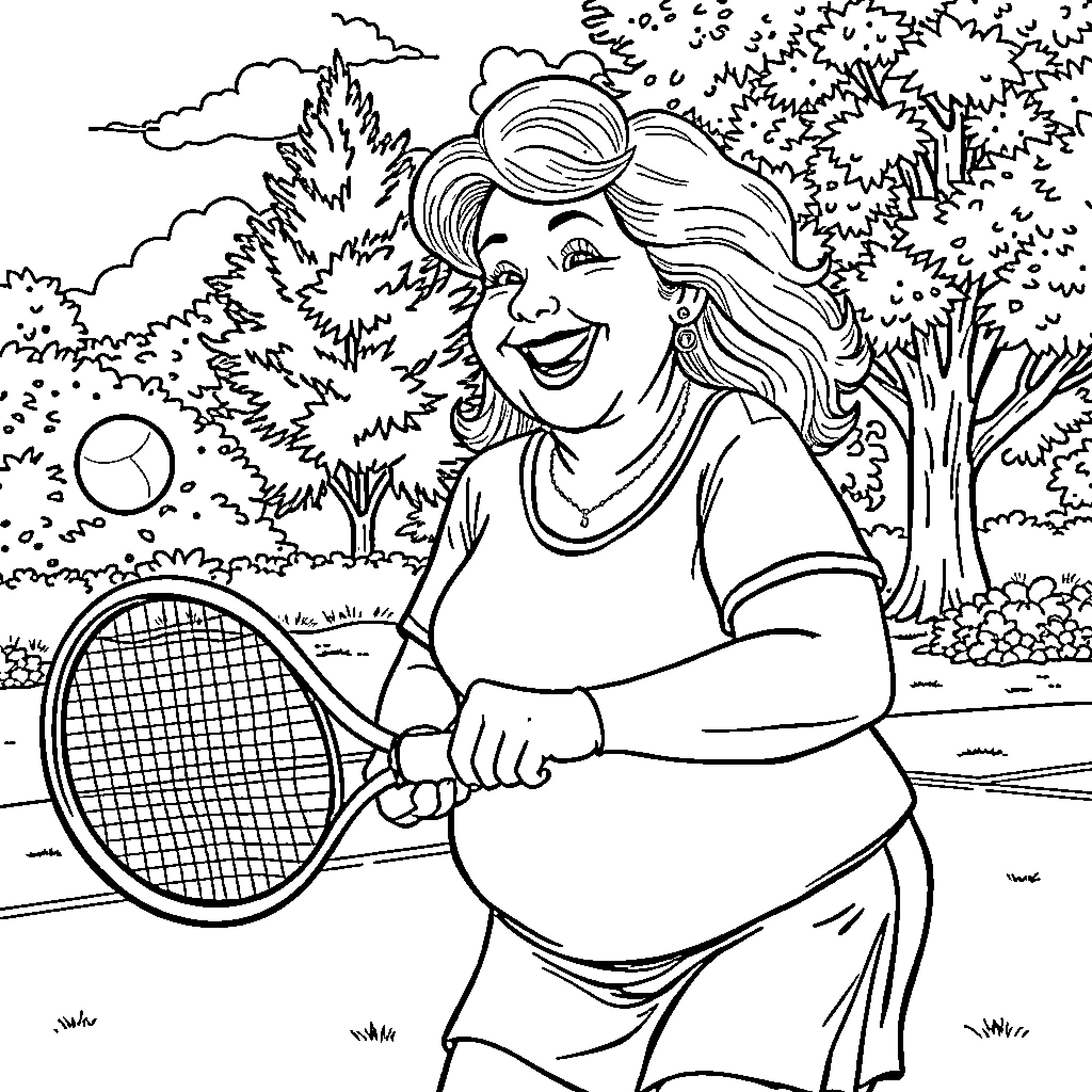 Lady enjoying a game of tennis in the park Coloring Page (free black-and-white line drawing printable PDF for all, from beginners to advanced learners, including children, teens, adults, and seniors)