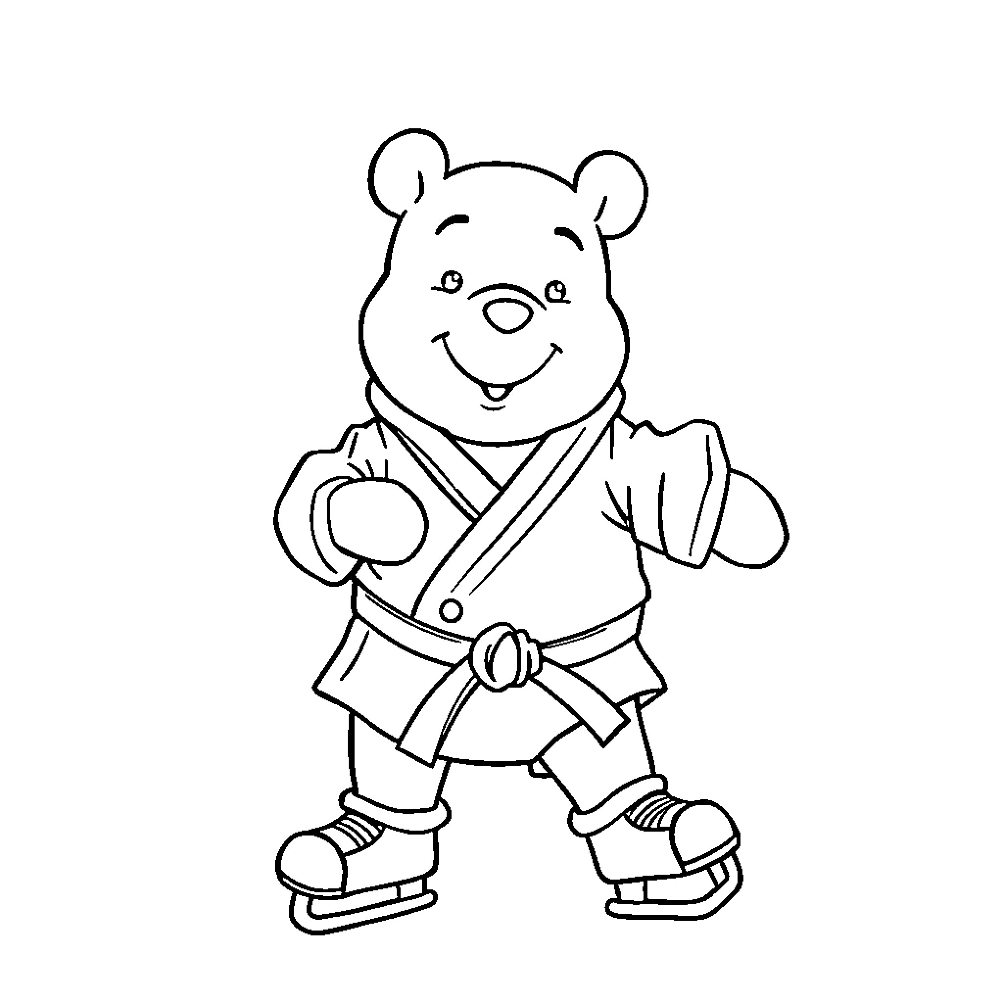 Winnie The Pooh in martial arts outfit Coloring Page (free black-and-white line drawing printable PDF for all, from beginners to advanced learners, including children, teens, adults, and seniors)