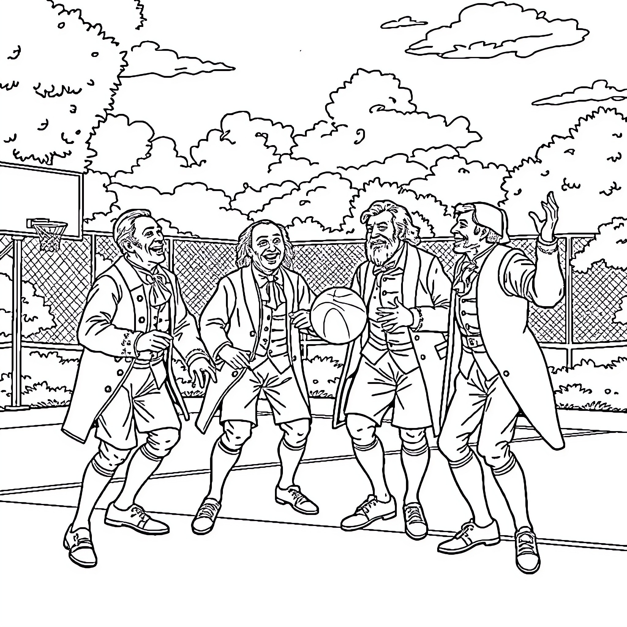 Founding Fathers Gathered in Formal Attire Coloring Page (free black-and-white line drawing printable PDF for all, from beginners to advanced learners, including children, teens, adults, and seniors)