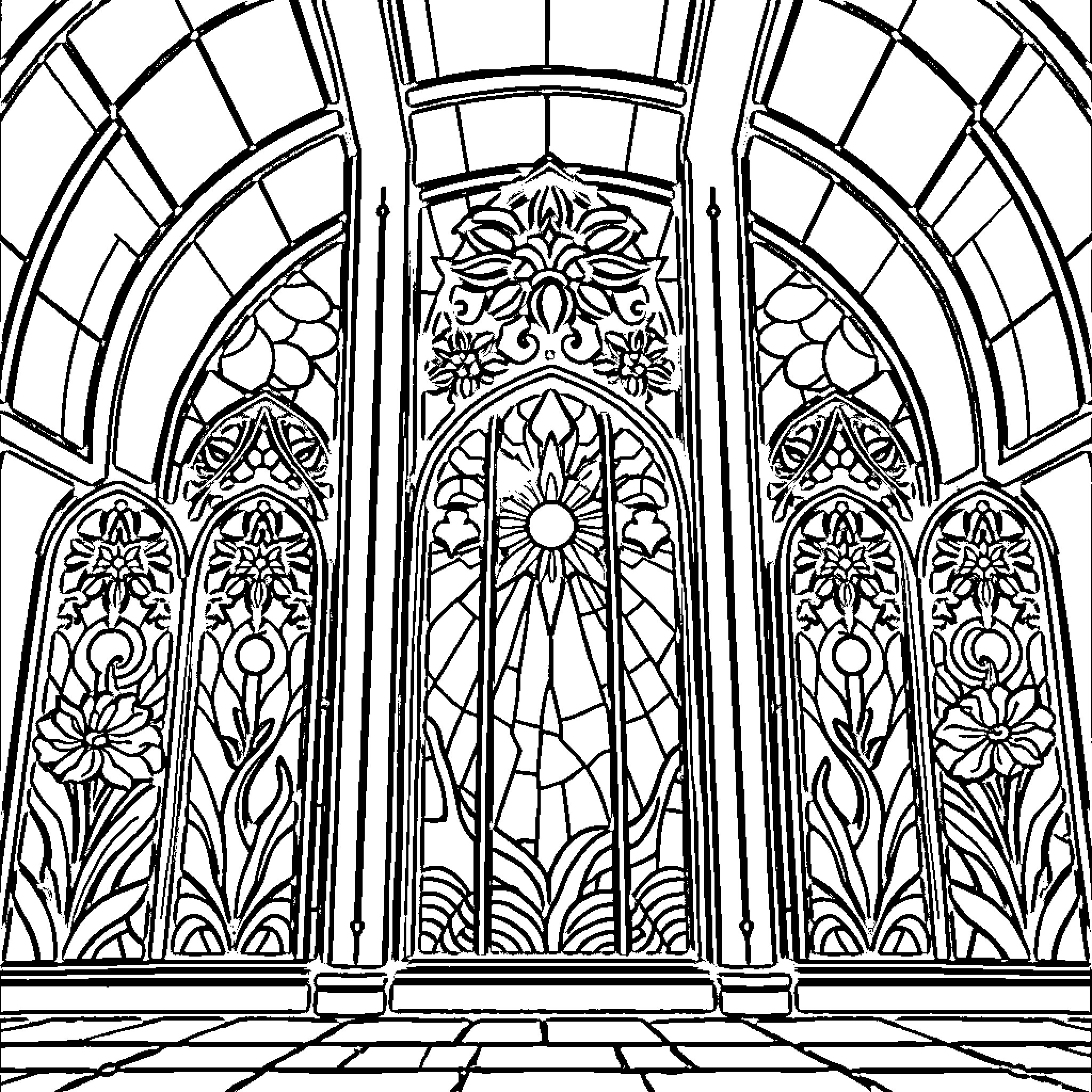 Stain Glass Window with Ornate Floral Patterns Coloring Page (free black-and-white line drawing printable PDF for all, from beginners to advanced learners, including children, teens, adults, and seniors)