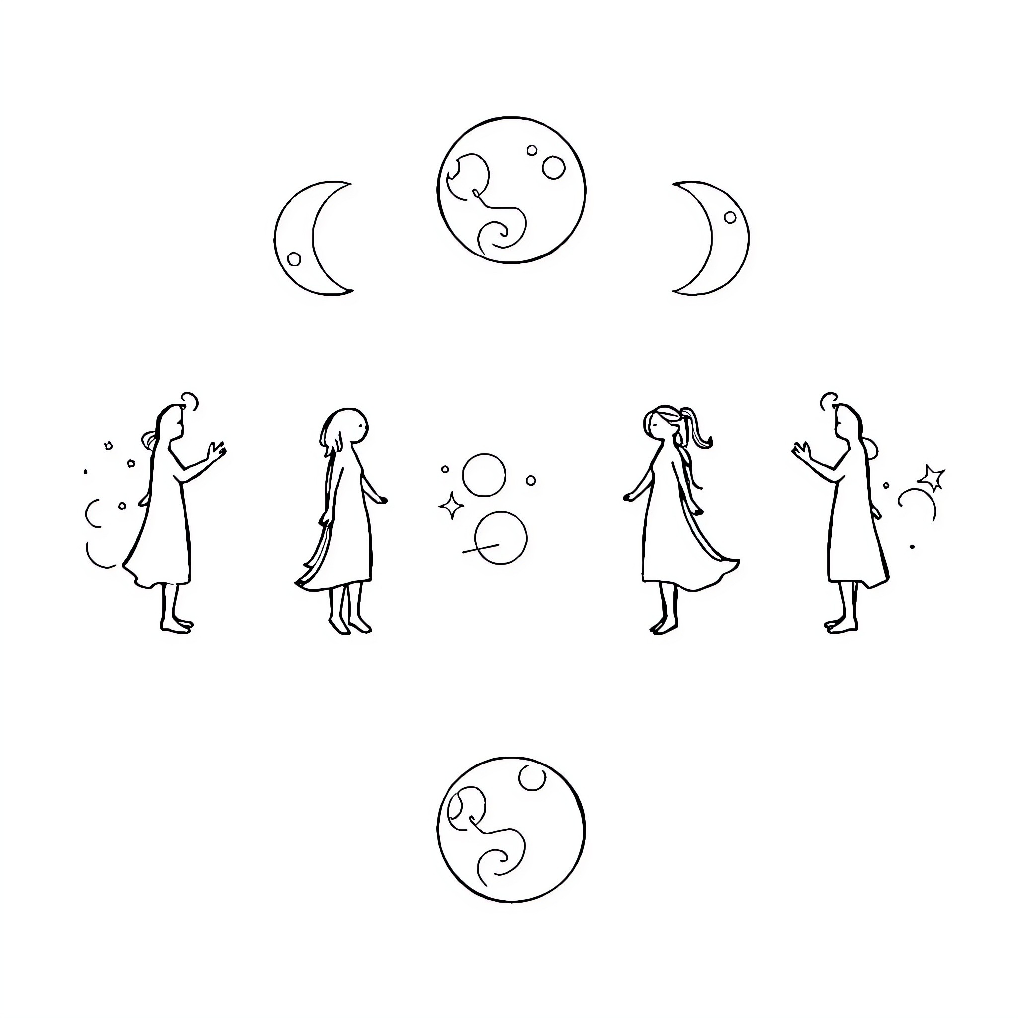 Moon Phases and Magical Women Coloring Page (free black-and-white line drawing printable PDF for all, from beginners to advanced learners, including children, teens, adults, and seniors)