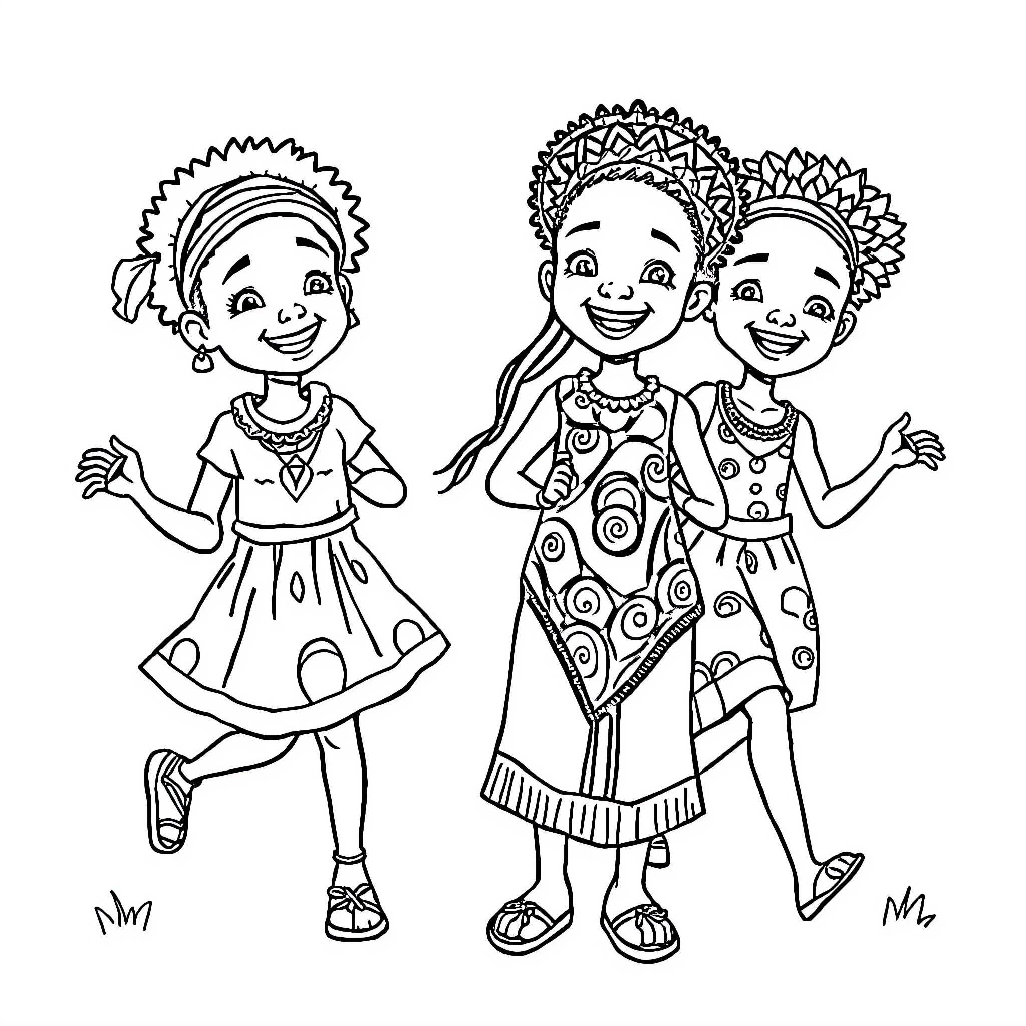 Child friends having fun in traditional outfits Coloring Page (free black-and-white line drawing printable PDF for all, from beginners to advanced learners, including children, teens, adults, and seniors)