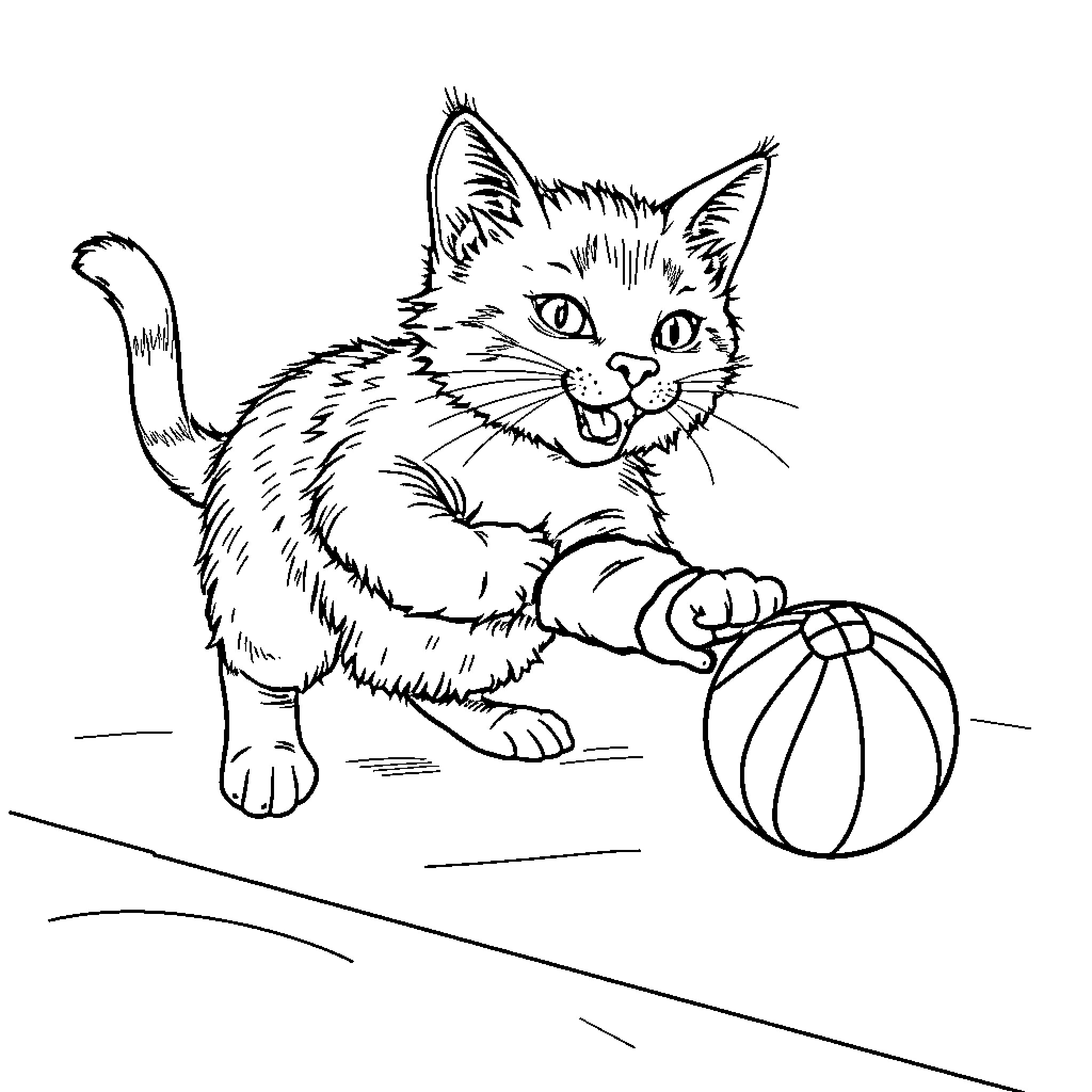 Cat playing with a ball Coloring Page (free black-and-white line drawing printable PDF for all, from beginners to advanced learners, including children, teens, adults, and seniors)