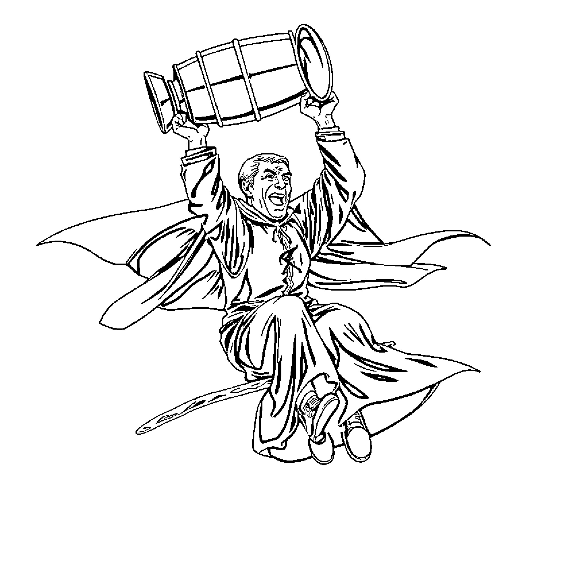 Voldemort Victoriously Holds Aloft the Wizard's Cup Coloring Page (free black-and-white line drawing printable PDF for all, from beginners to advanced learners, including children, teens, adults, and seniors)