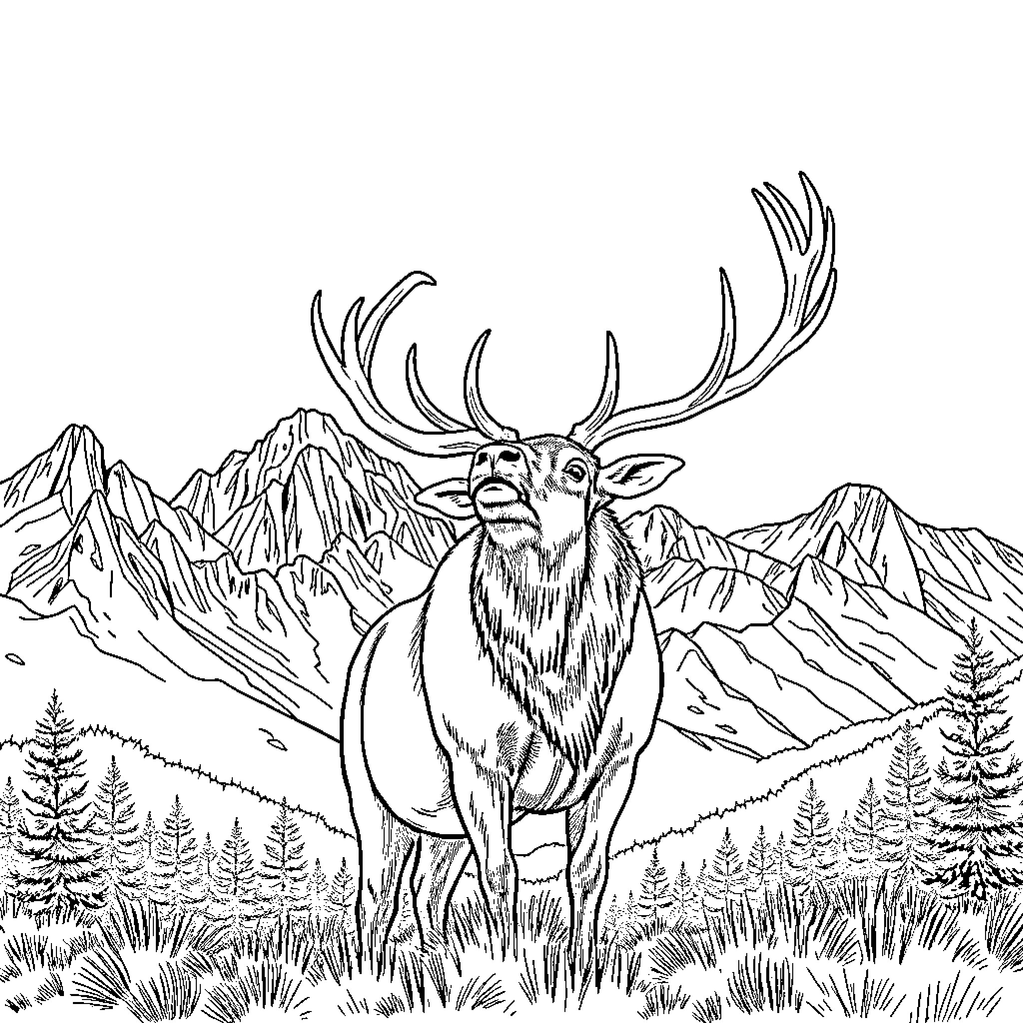 Elk standing amidst majestic mountains and forests Coloring Page (free black-and-white line drawing printable PDF for all, from beginners to advanced learners, including children, teens, adults, and seniors)