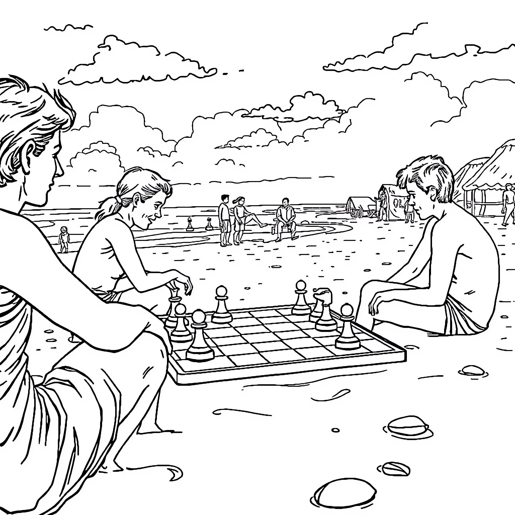 Chess players on the beach Coloring Page (free black-and-white line drawing printable PDF for all, from beginners to advanced learners, including children, teens, adults, and seniors)
