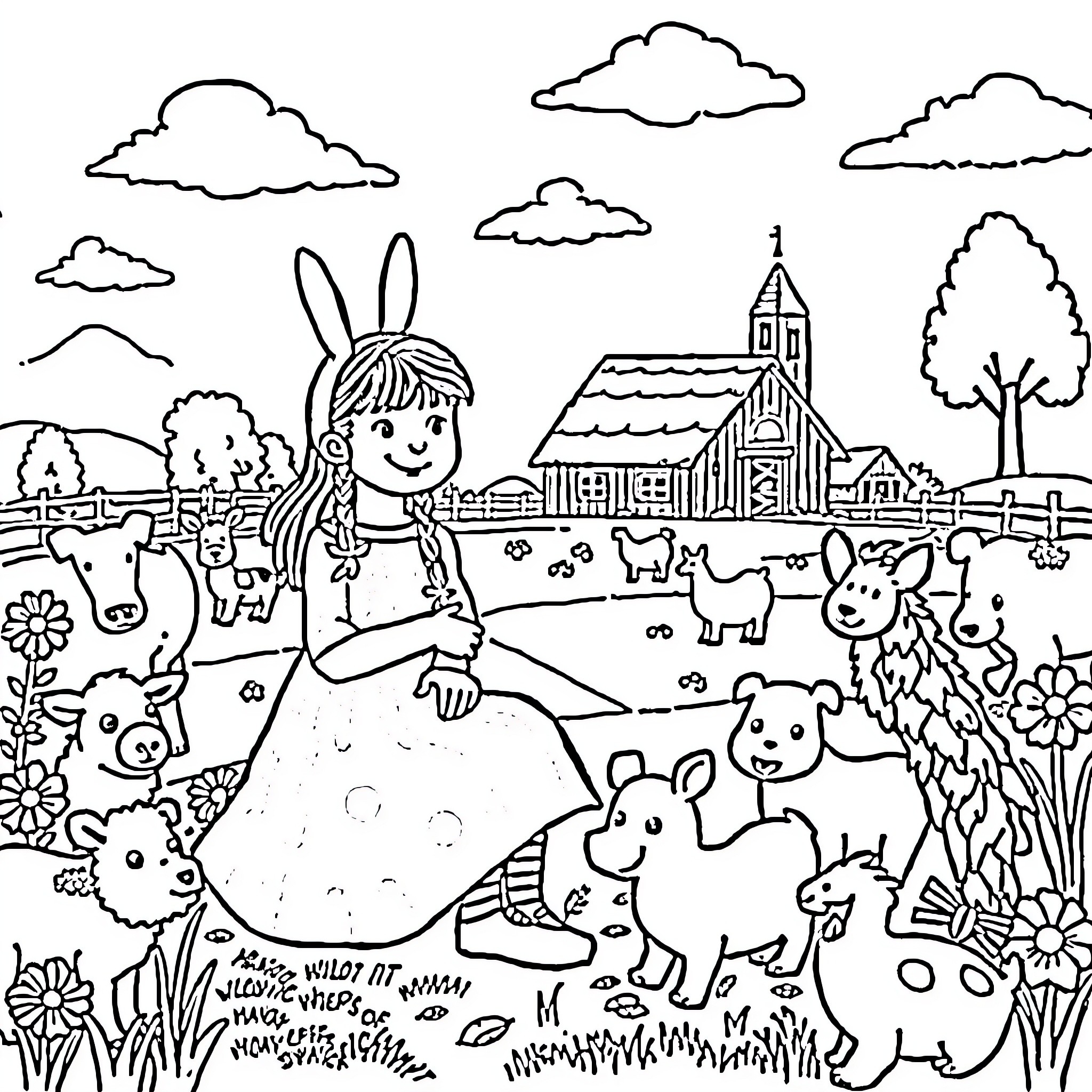 Pippi playing with animal friends in a countryside scene Coloring Page (free black-and-white line drawing printable PDF for all, from beginners to advanced learners, including children, teens, adults, and seniors)