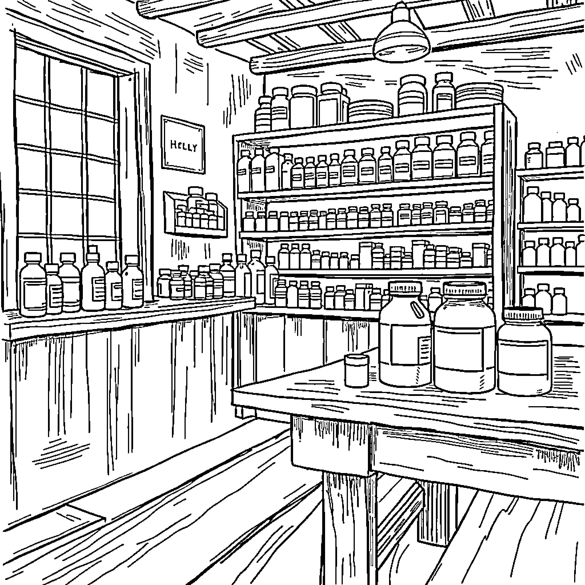 Medication Shelves in an Old General Store Coloring Page (free black-and-white line drawing printable PDF for all, from beginners to advanced learners, including children, teens, adults, and seniors)