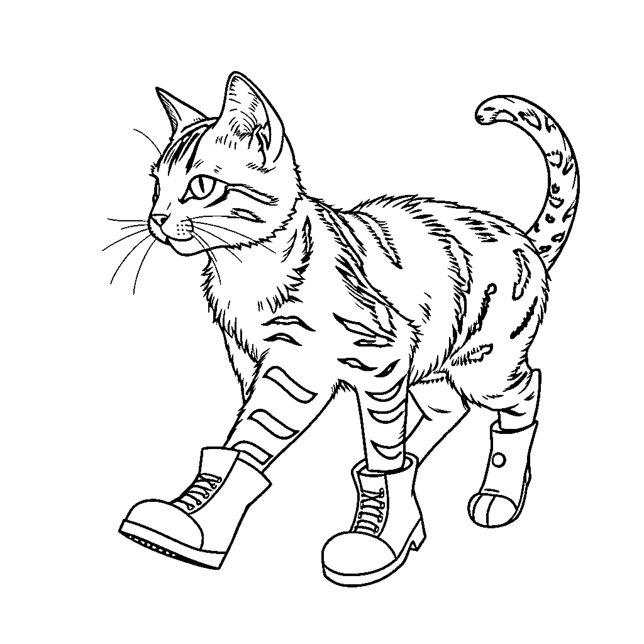 Cat exploring in stylish boots Coloring Page (free black-and-white line drawing printable PDF for all, from beginners to advanced learners, including children, teens, adults, and seniors)