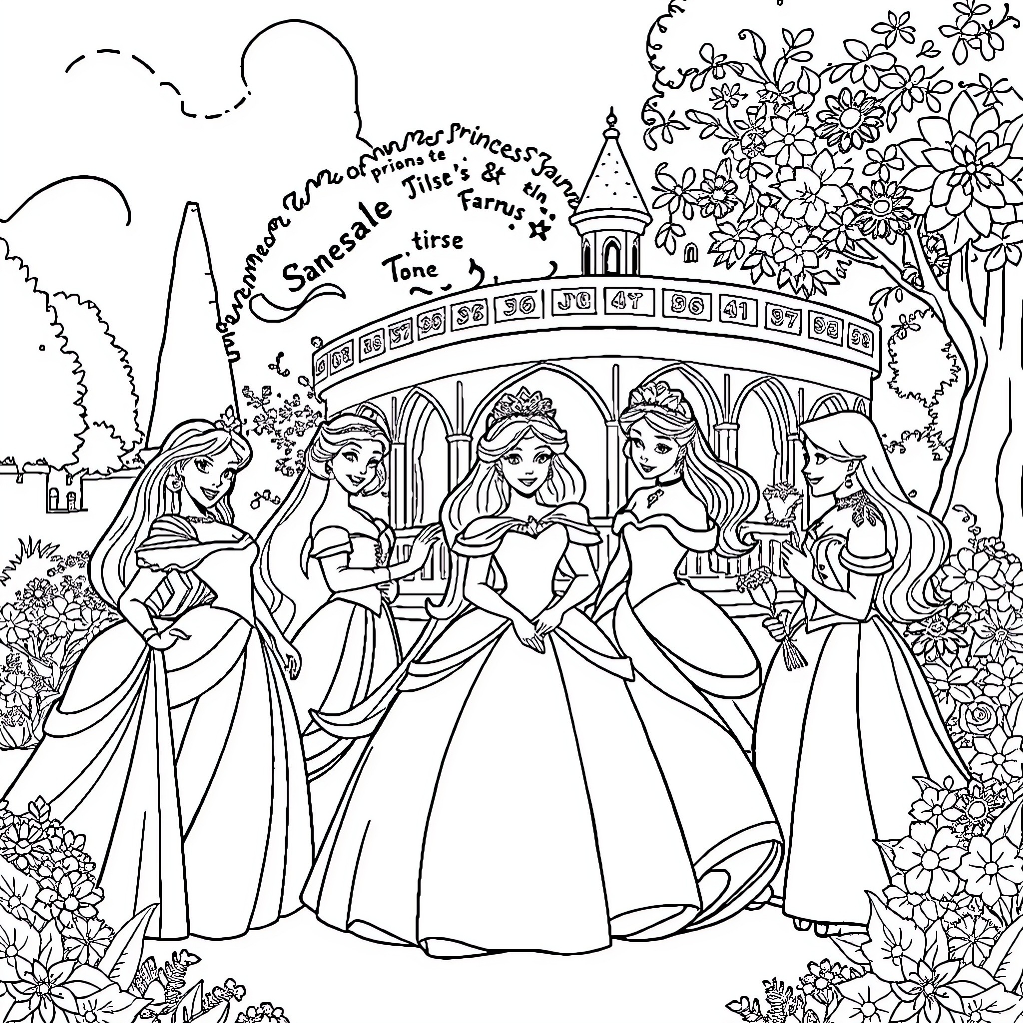 Disney Princess Gathering in Ornate Castle Garden Coloring Page (free black-and-white line drawing printable PDF for all, from beginners to advanced learners, including children, teens, adults, and seniors)