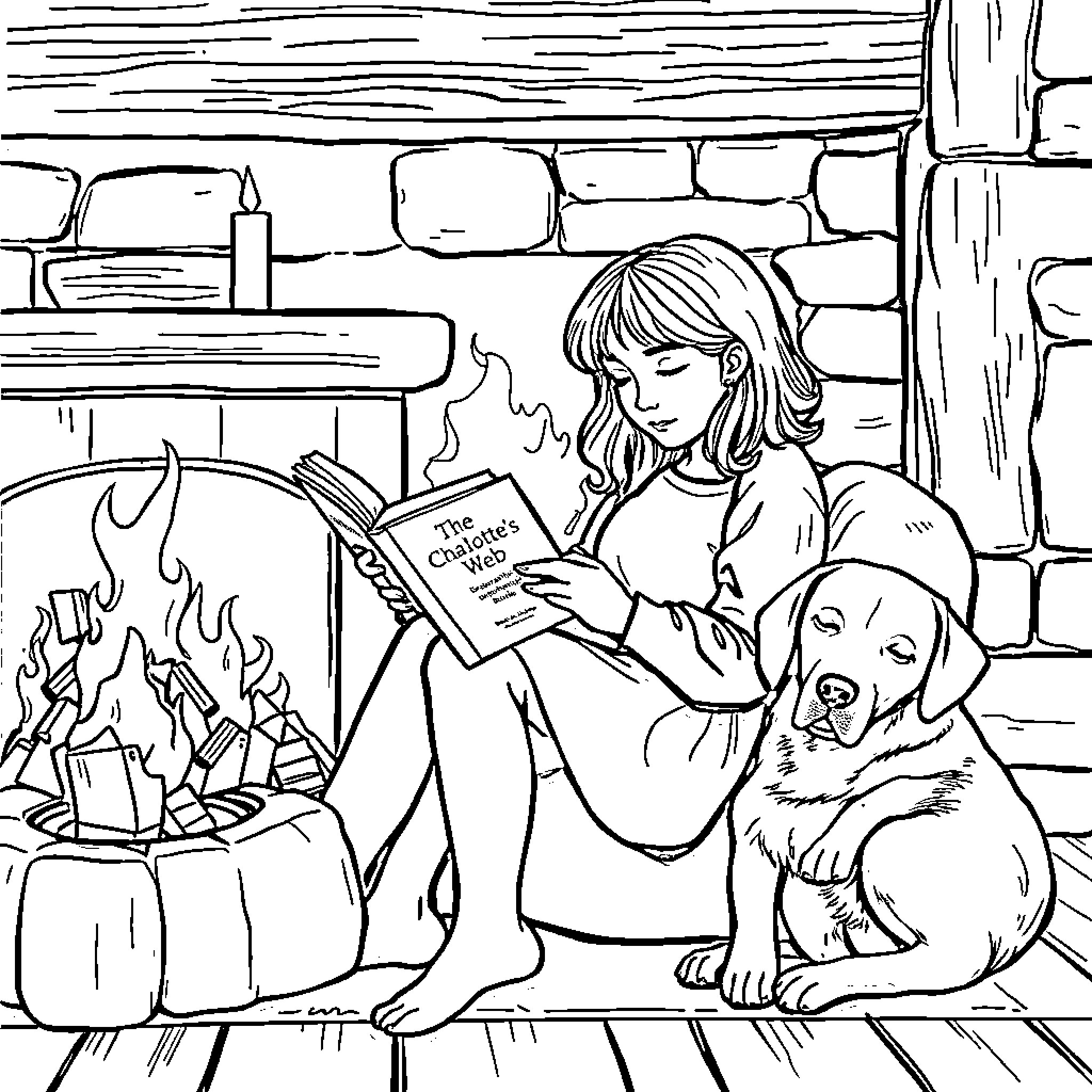 Girl reading book with dog by fireplace Coloring Page (free black-and-white line drawing printable PDF for all, from beginners to advanced learners, including children, teens, adults, and seniors)