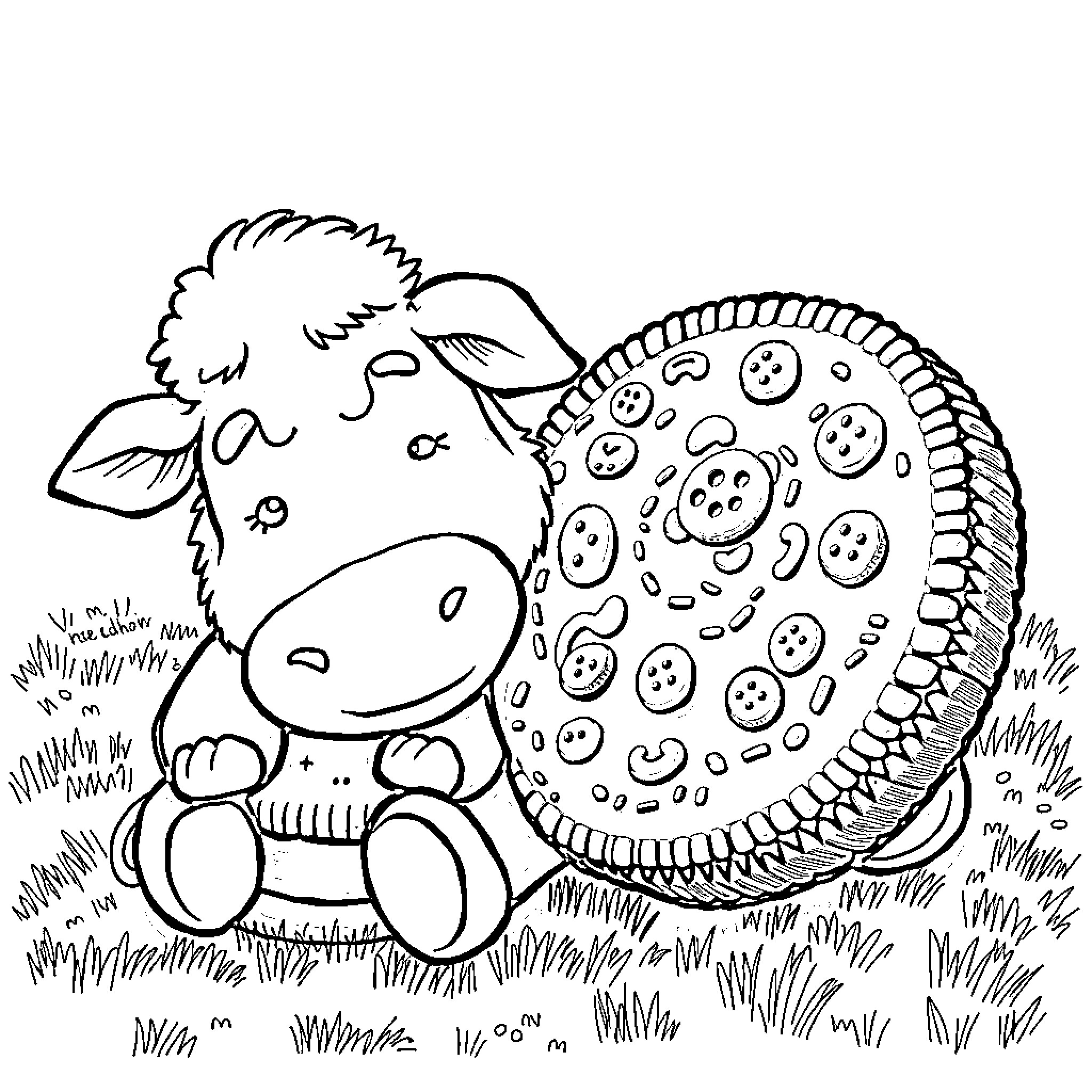 Cow resting in the field Coloring Page (free black-and-white line drawing printable PDF for all, from beginners to advanced learners, including children, teens, adults, and seniors)