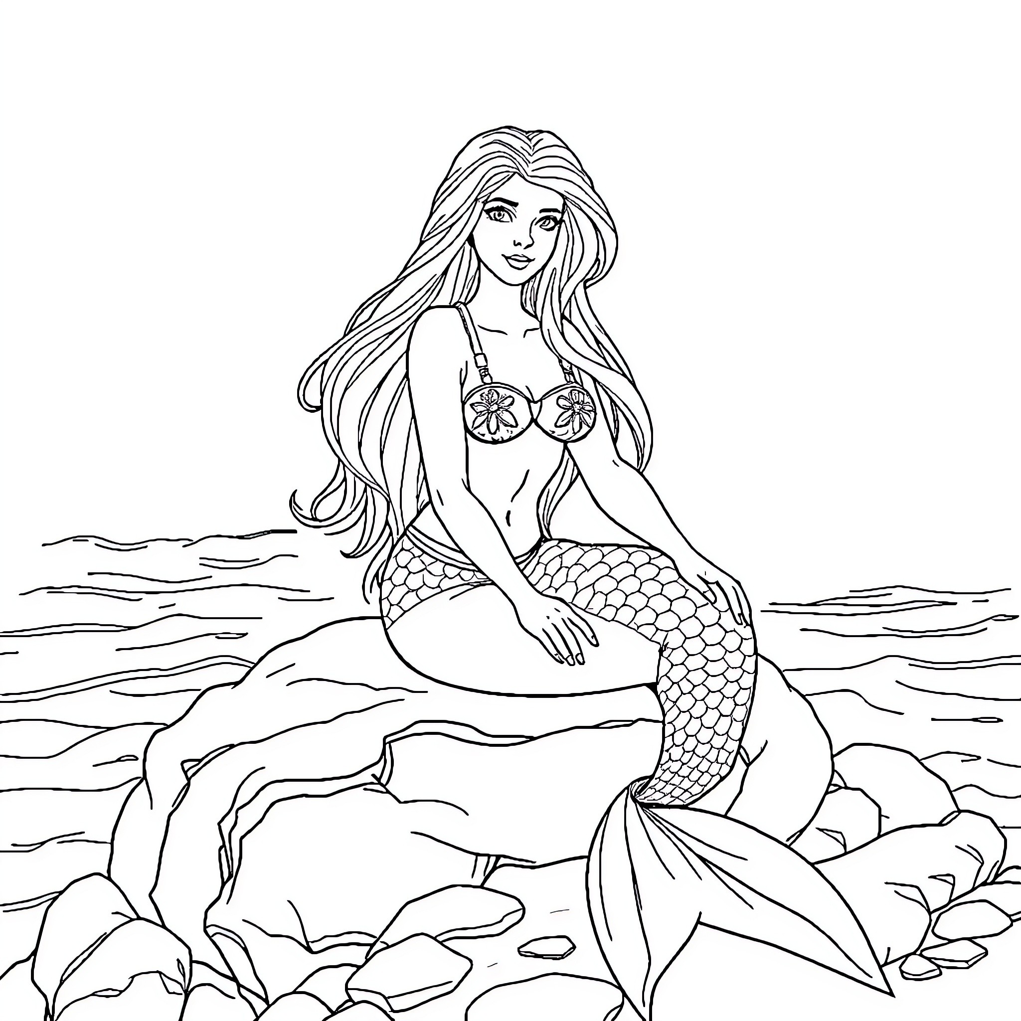 Siren sitting on the rocks by the sea Coloring Page (free black-and-white line drawing printable PDF for all, from beginners to advanced learners, including children, teens, adults, and seniors)