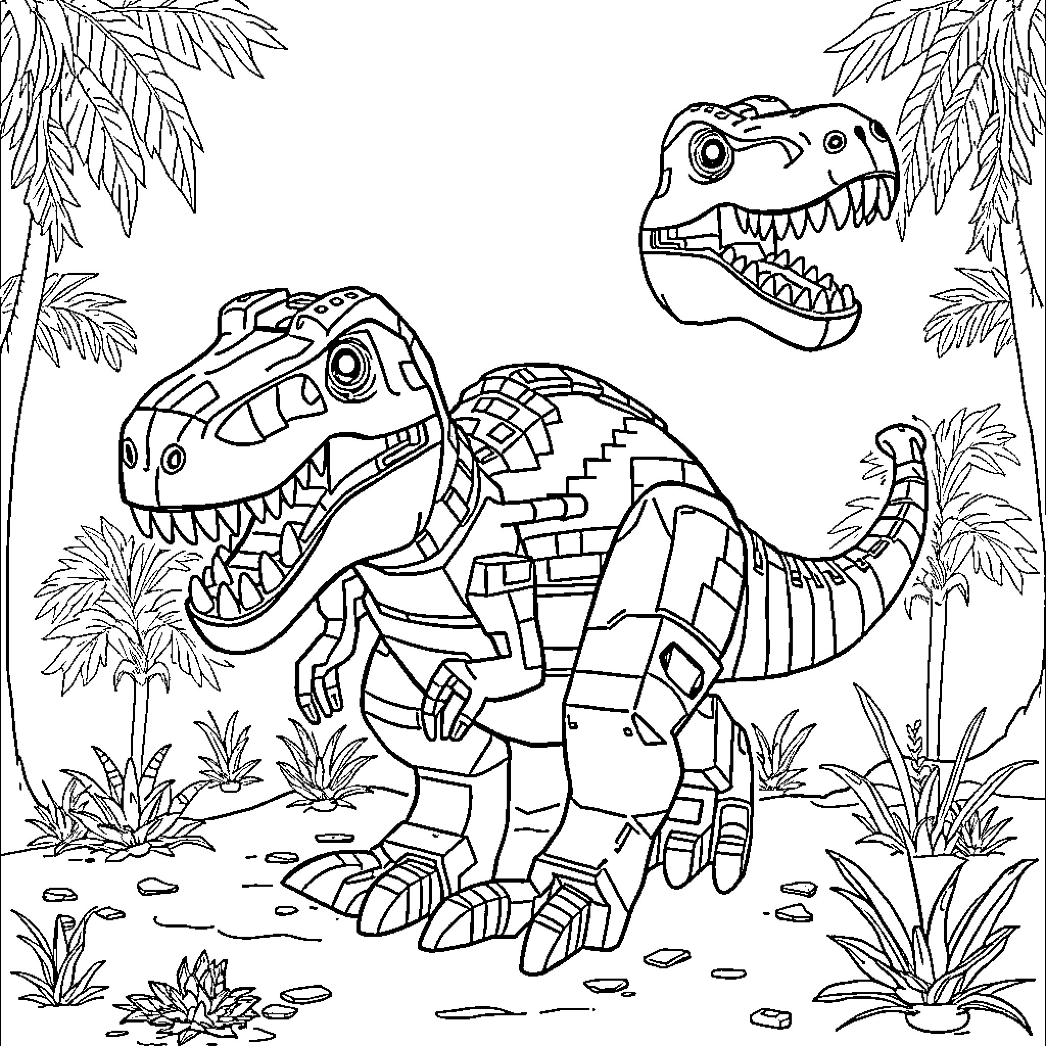 Lego dinosaurs roaming through the jungle Coloring Page (free black-and-white line drawing printable PDF for all, from beginners to advanced learners, including children, teens, adults, and seniors)