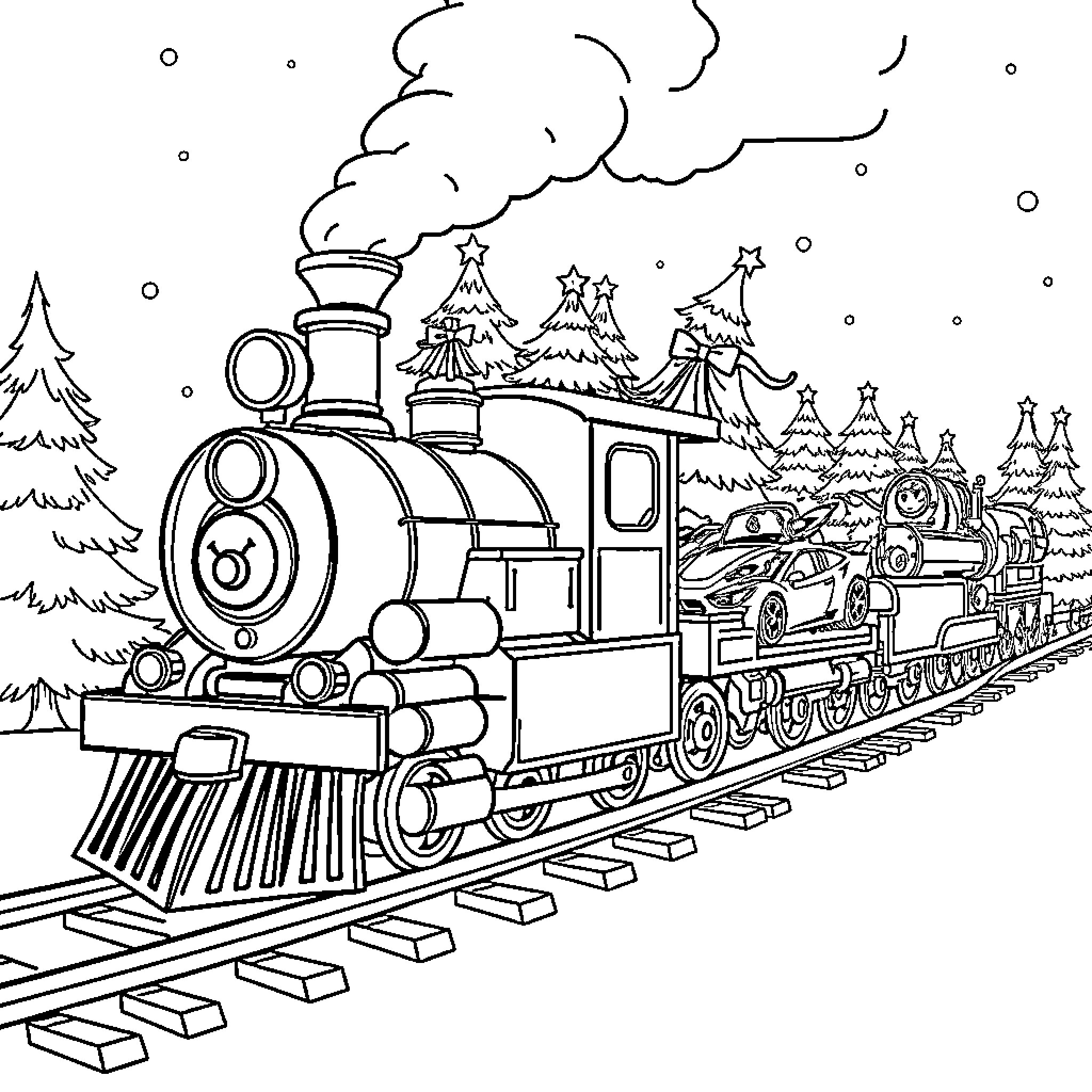 Train traveling through a winter wonderland Coloring Page (free black-and-white line drawing printable PDF for all, from beginners to advanced learners, including children, teens, adults, and seniors)