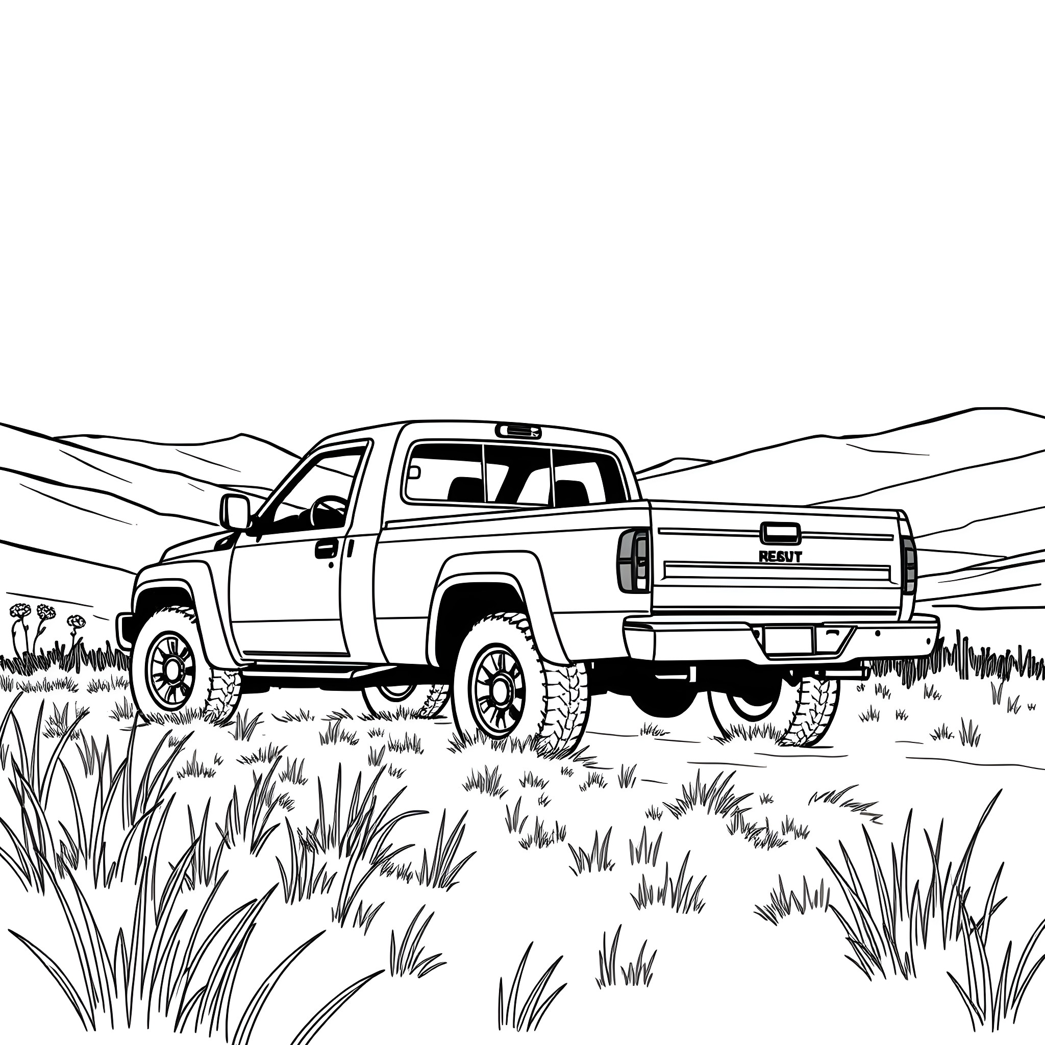 Pick Up Truck Driving Through Rugged Outdoor Terrain Coloring Page (free black-and-white line drawing printable PDF for all, from beginners to advanced learners, including children, teens, adults, and seniors)