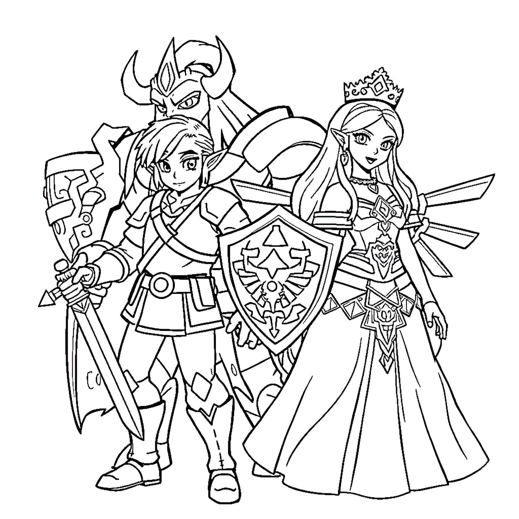 Legend of Zelda: Heroes in Arms Coloring Page (free black-and-white line drawing printable PDF for all, from beginners to advanced learners, including children, teens, adults, and seniors)