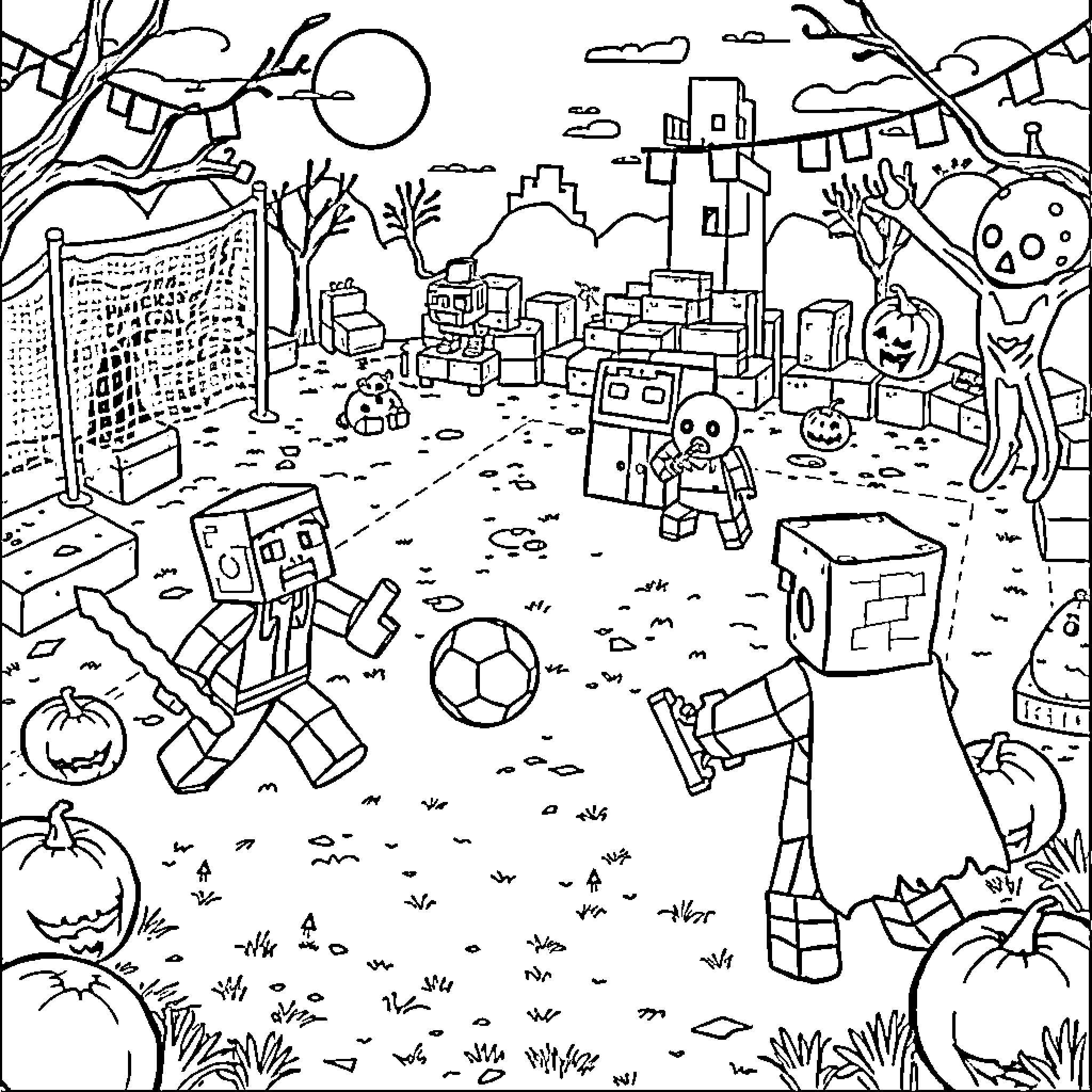 Minecraft Characters Exploring a Spooky Halloween Scene Coloring Page (free black-and-white line drawing printable PDF for all, from beginners to advanced learners, including children, teens, adults, and seniors)