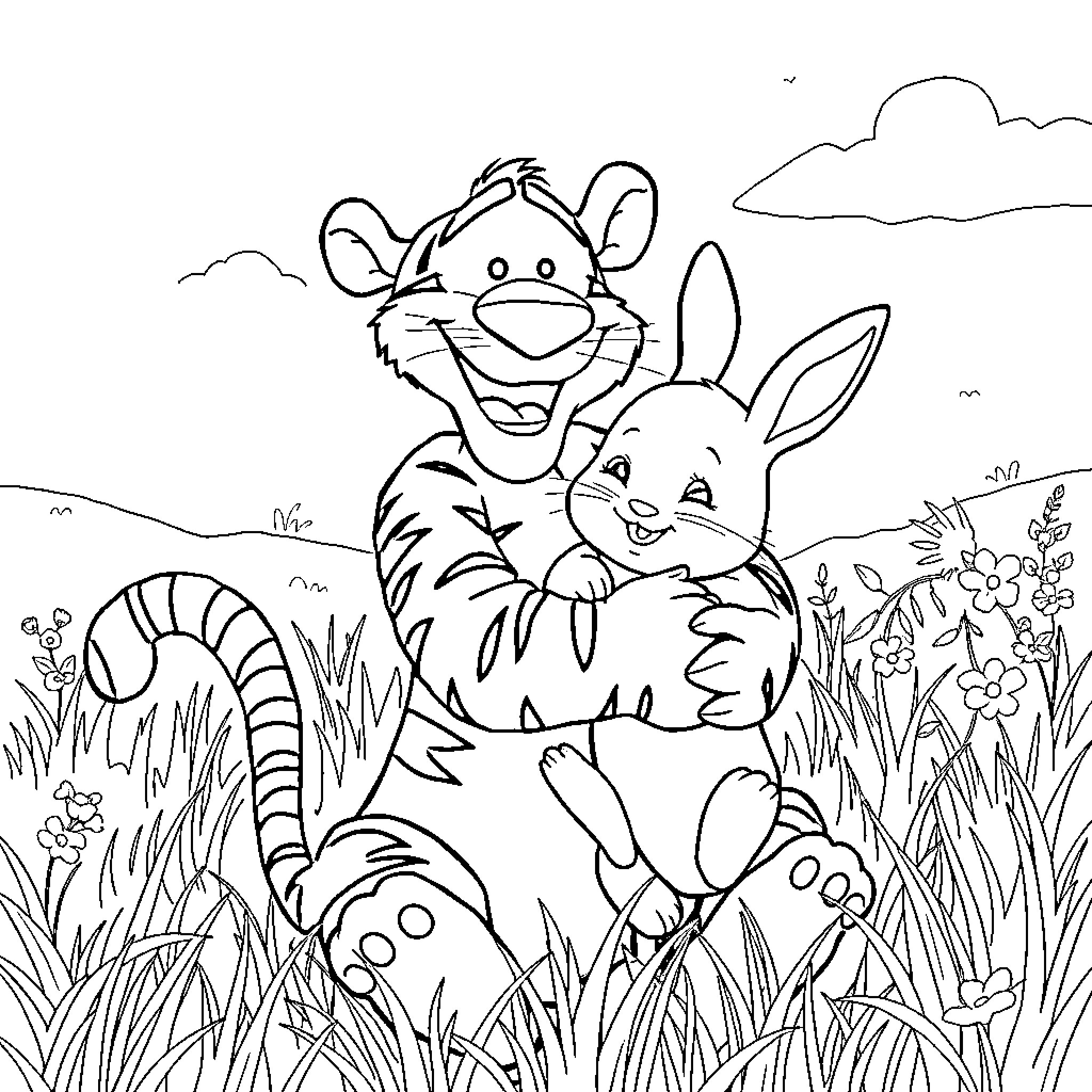 Tigger and Rabbit playing happily in the meadow Coloring Page (free black-and-white line drawing printable PDF for all, from beginners to advanced learners, including children, teens, adults, and seniors)