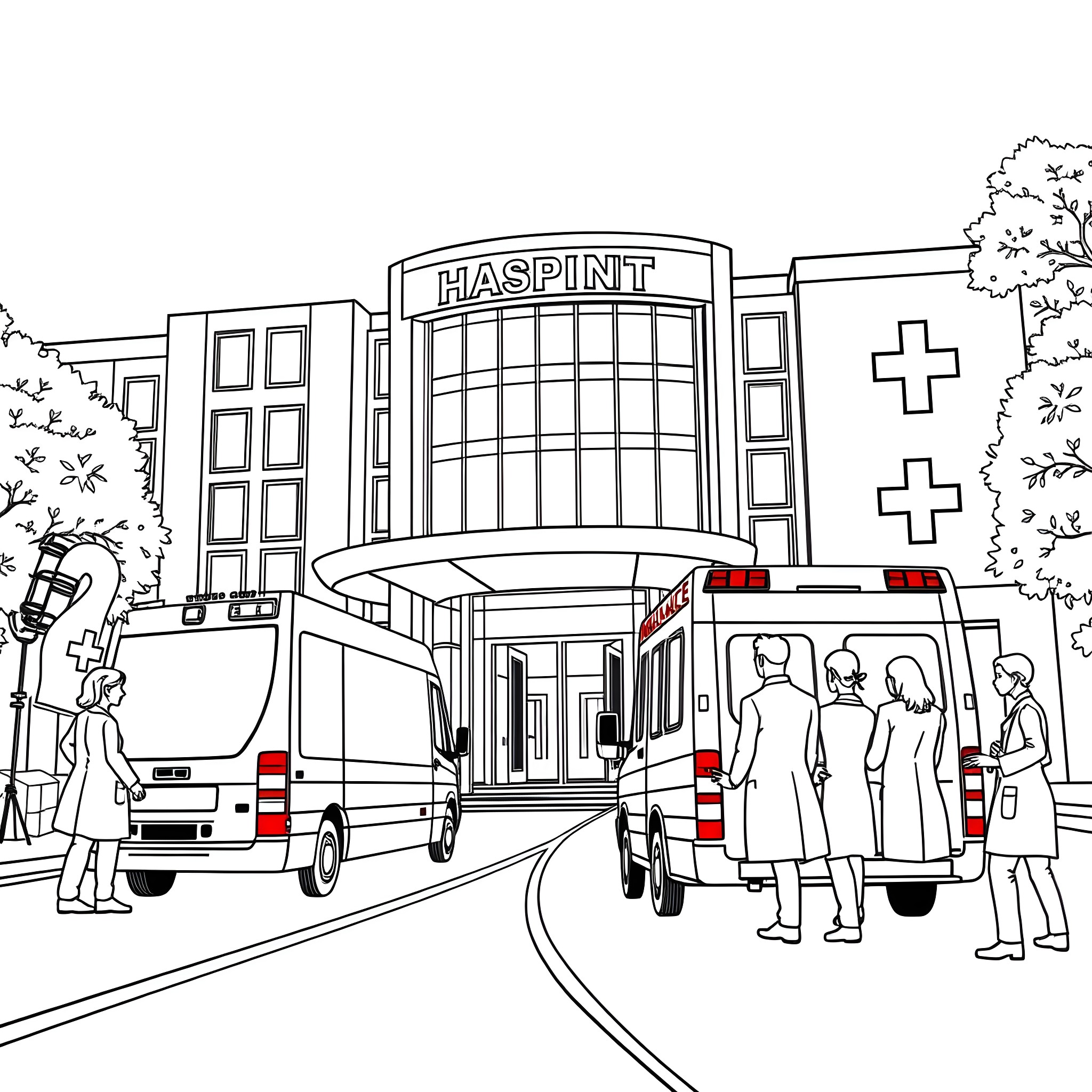 Ambulance responding to emergency at hospital Coloring Page (free black-and-white line drawing printable PDF for all, from beginners to advanced learners, including children, teens, adults, and seniors)