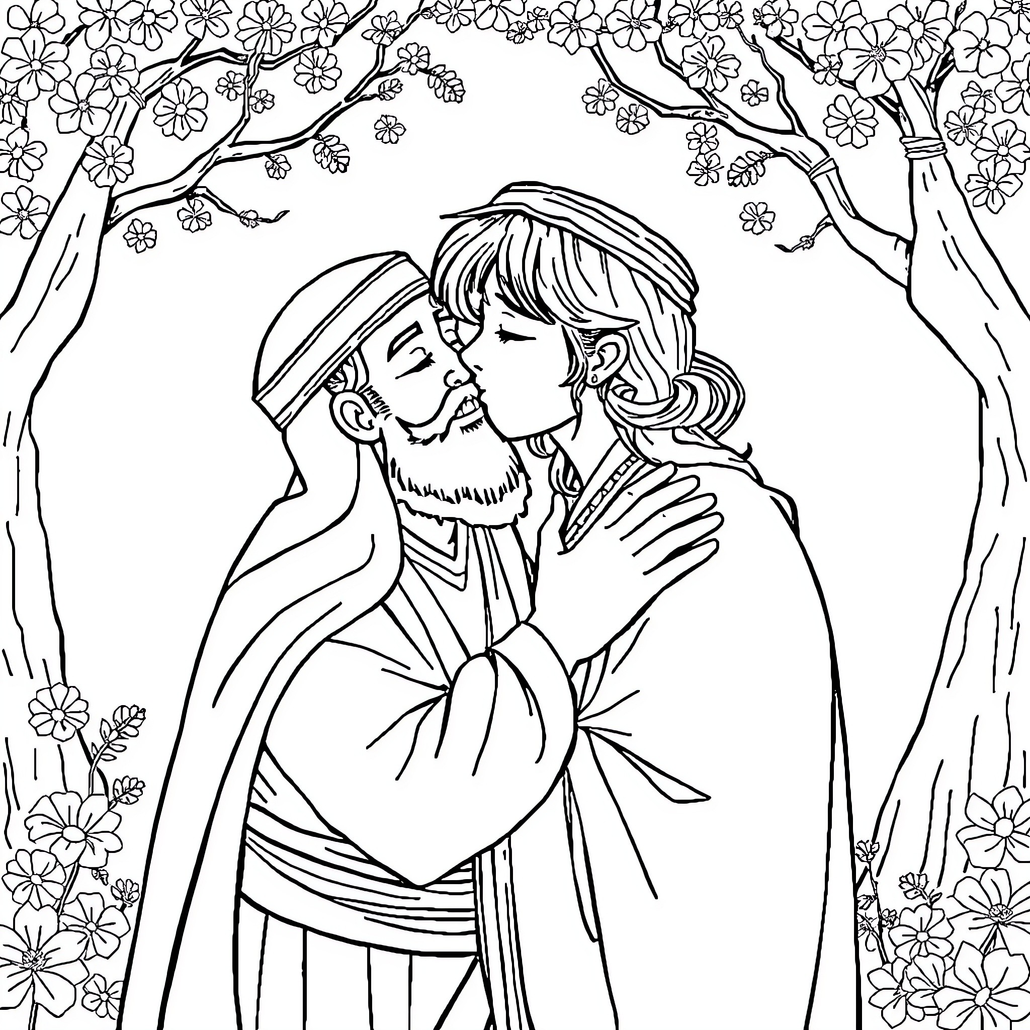 Rumi's romantic embrace under the blossoming trees Coloring Page (free black-and-white line drawing printable PDF for all, from beginners to advanced learners, including children, teens, adults, and seniors)
