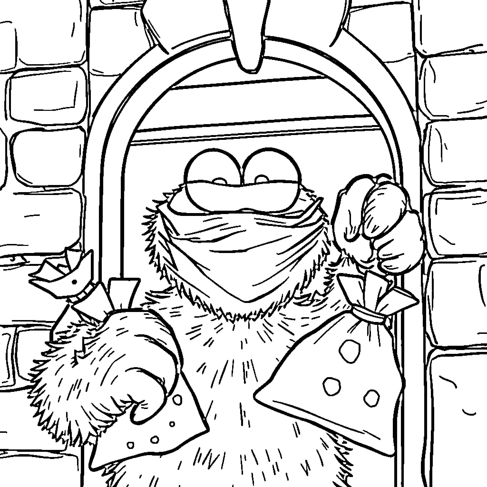 Cookie Monster in a costume waving through an arched doorway Coloring Page (free black-and-white line drawing printable PDF for all, from beginners to advanced learners, including children, teens, adults, and seniors)