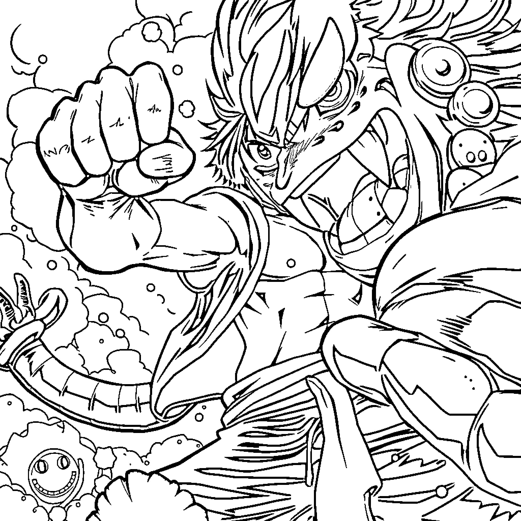 Luffy's Fiery Fist of Fury Coloring Page (free black-and-white line drawing printable PDF for all, from beginners to advanced learners, including children, teens, adults, and seniors)