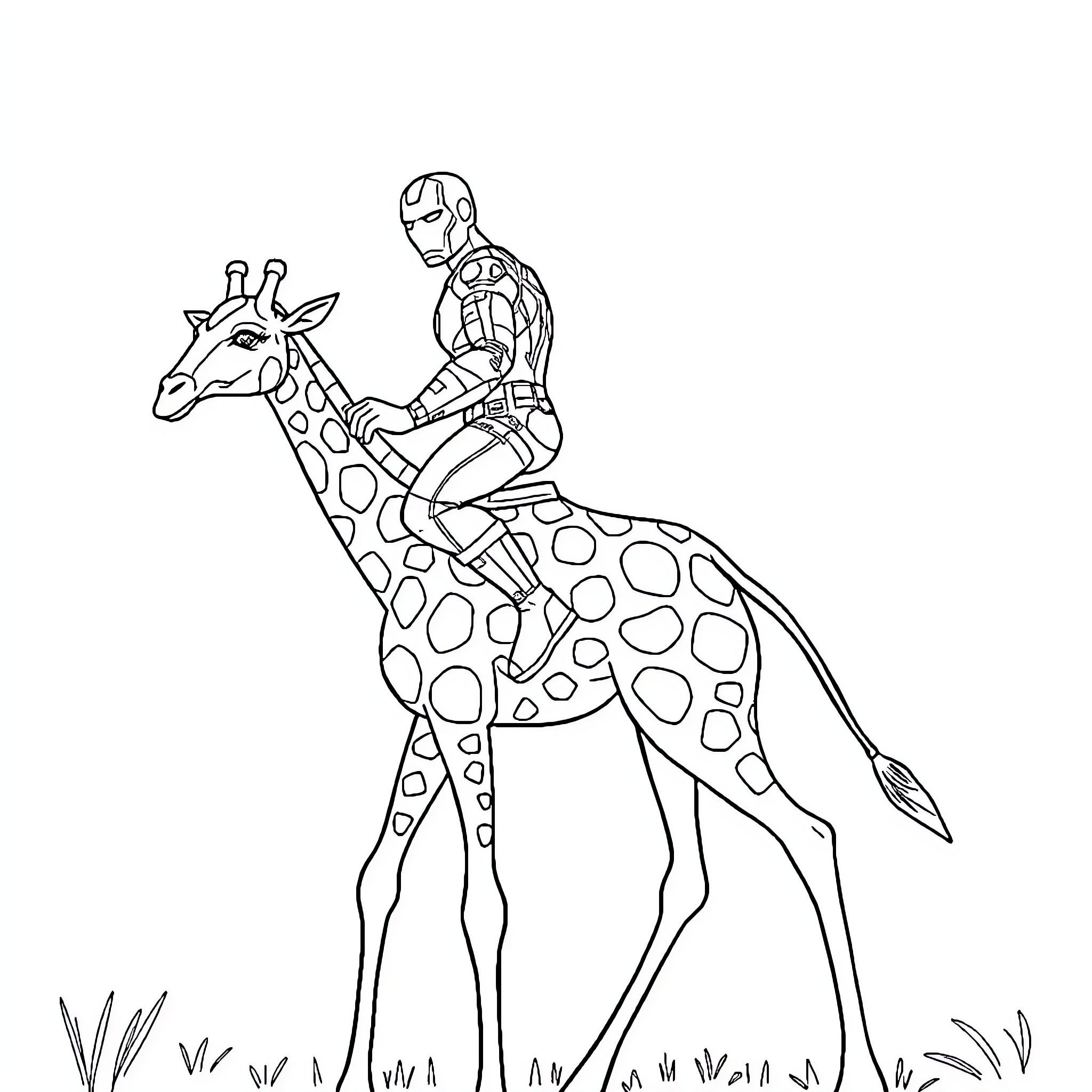 Iron Man riding a spotted giraffe in a field Coloring Page (free black-and-white line drawing printable PDF for all, from beginners to advanced learners, including children, teens, adults, and seniors)