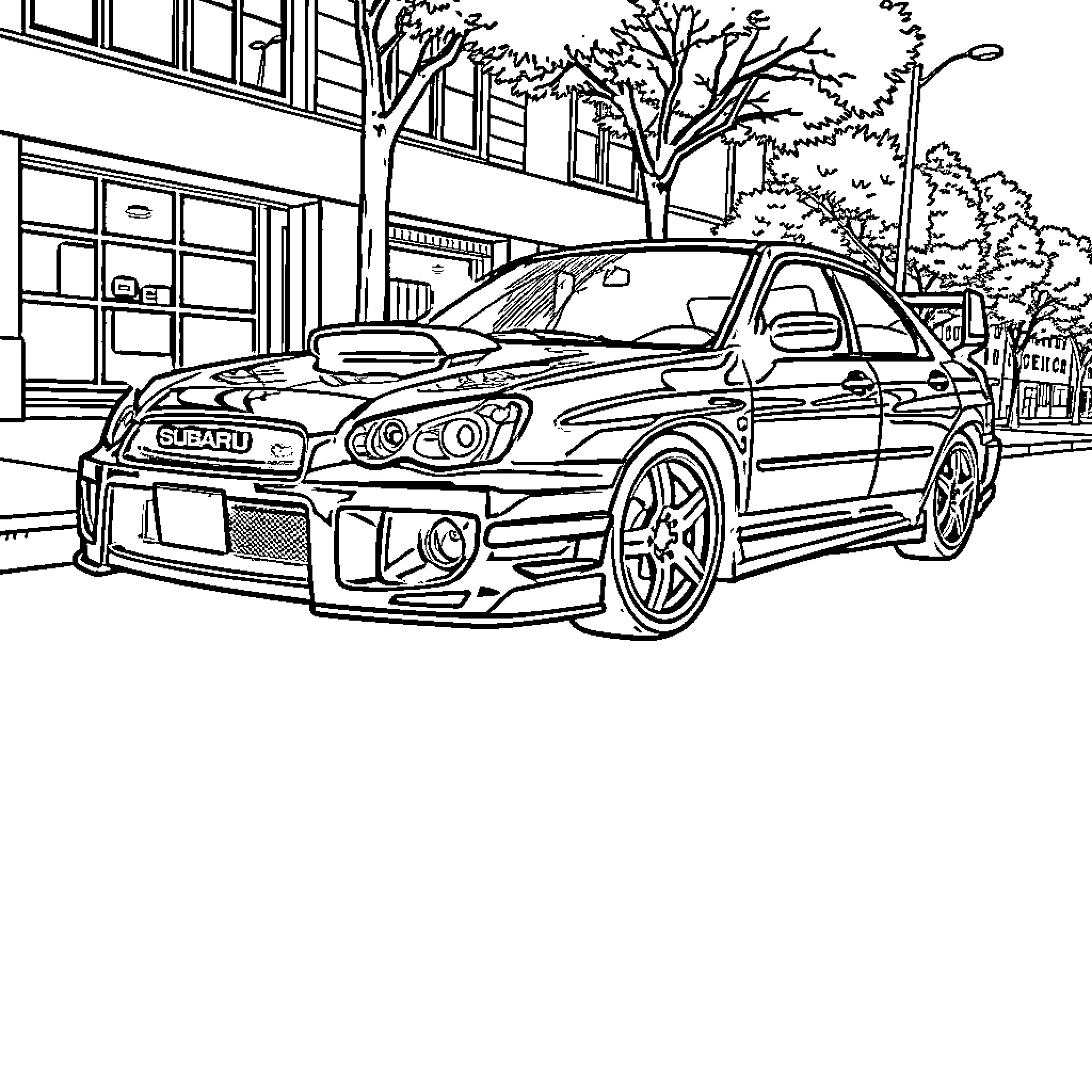 Subaru sports car on city street Coloring Page (free black-and-white line drawing printable PDF for all, from beginners to advanced learners, including children, teens, adults, and seniors)