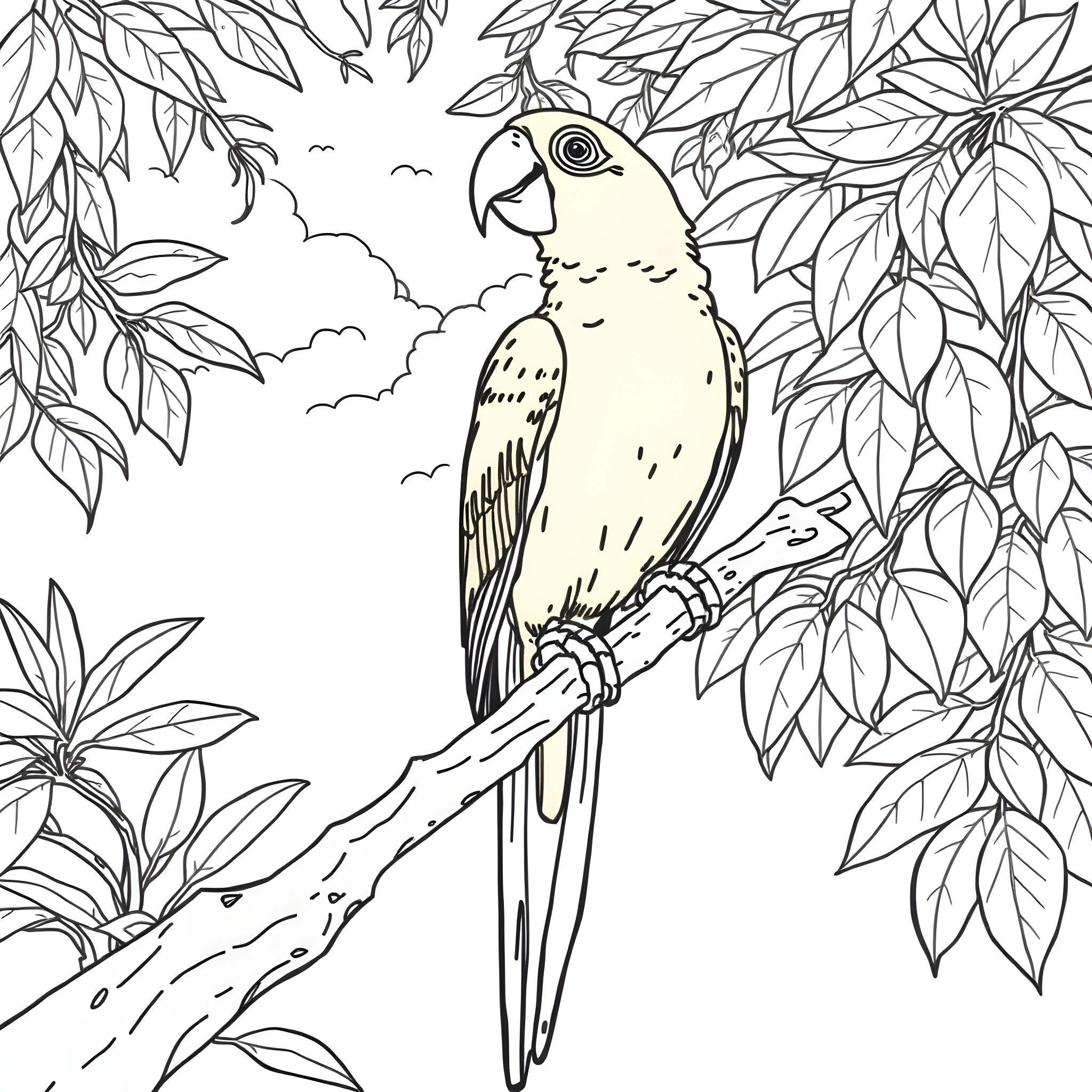 Parrot perched among lush tropical foliage Coloring Page (free black-and-white line drawing printable PDF for all, from beginners to advanced learners, including children, teens, adults, and seniors)