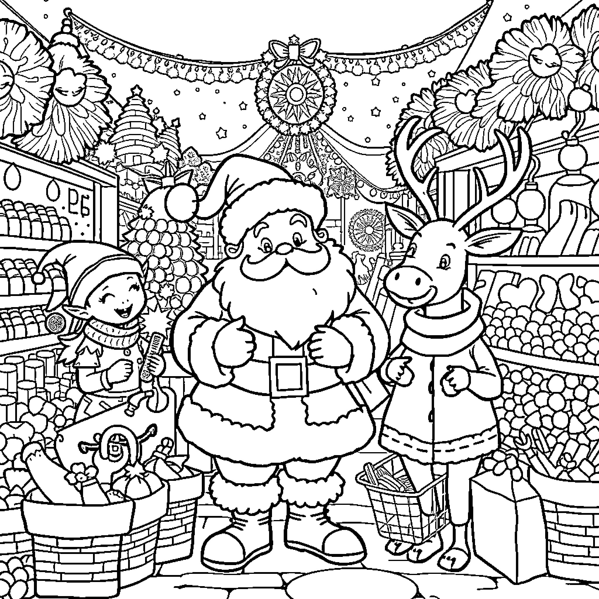 Santa's Festive Gathering with Friends Coloring Page (free black-and-white line drawing printable PDF for all, from beginners to advanced learners, including children, teens, adults, and seniors)