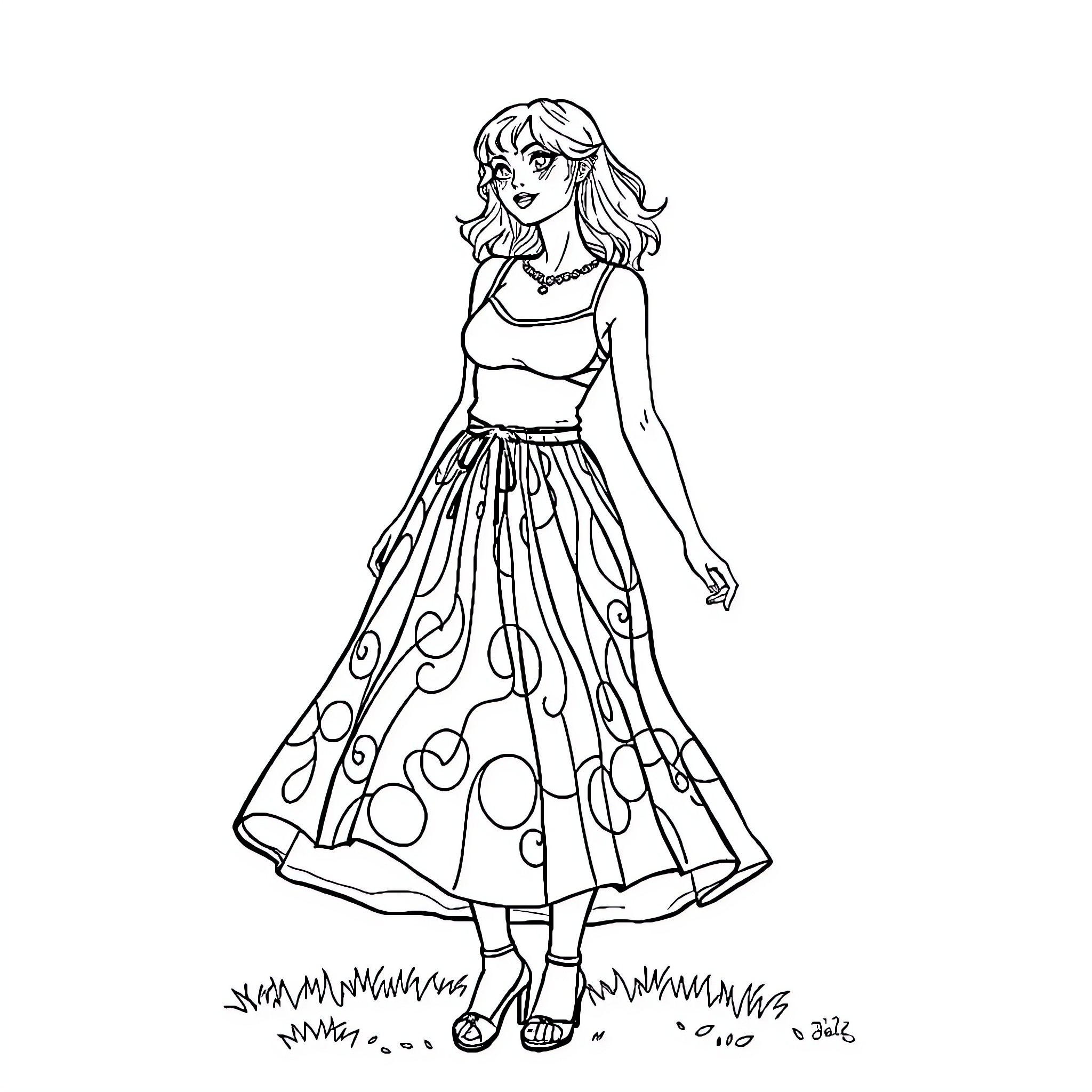Joyful Girl in Patterned Dress Coloring Page (free black-and-white line drawing printable PDF for all, from beginners to advanced learners, including children, teens, adults, and seniors)