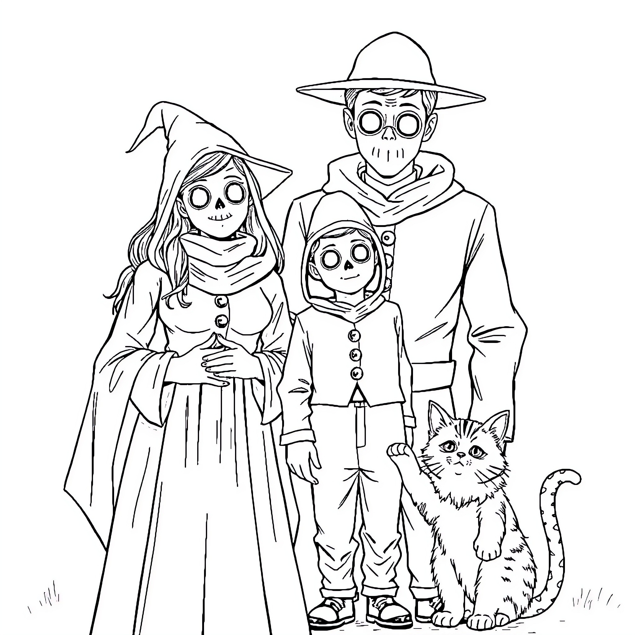 Plague Doctor Family with Cat Coloring Page (free black-and-white line drawing printable PDF for all, from beginners to advanced learners, including children, teens, adults, and seniors)