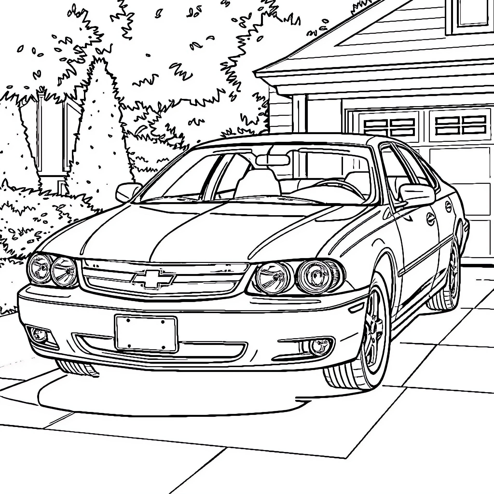 Chevy Impala parked in driveway Coloring Page (free black-and-white line drawing printable PDF for all, from beginners to advanced learners, including children, teens, adults, and seniors)