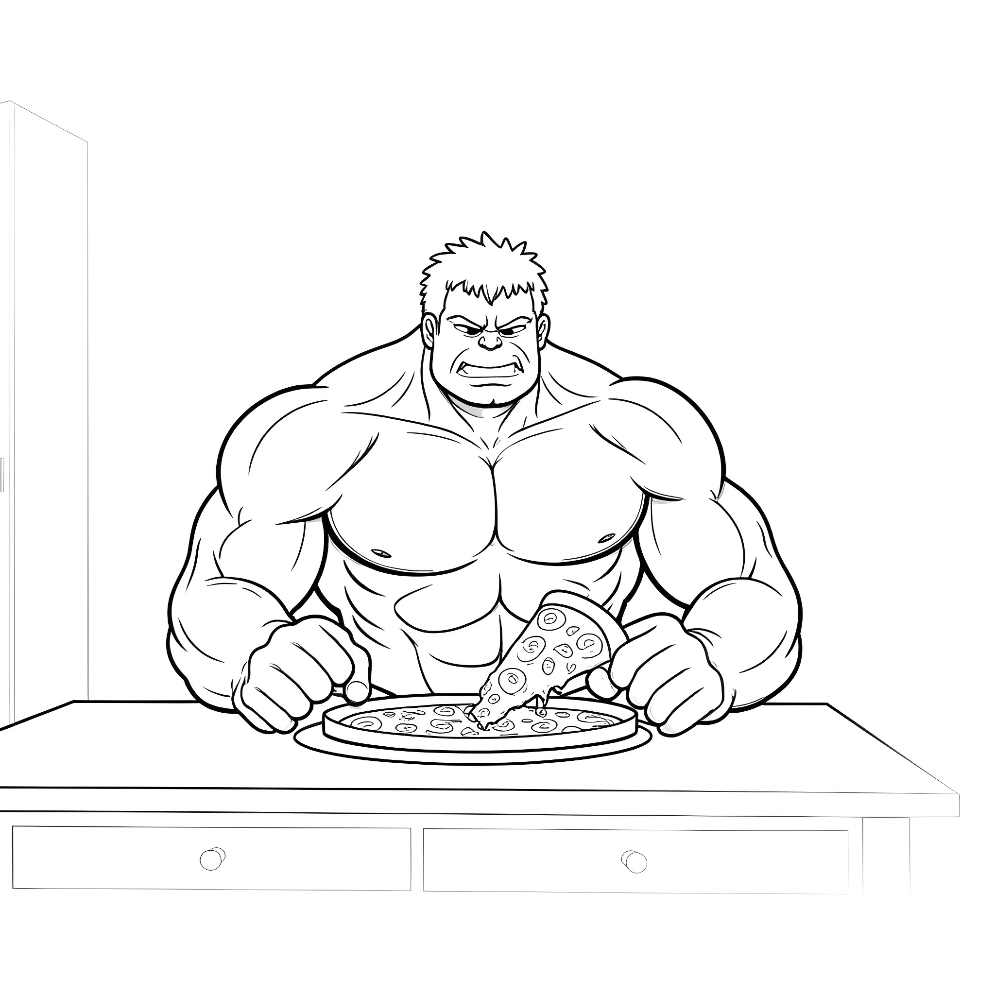 Hulk enjoying a delectable pizza Coloring Page (free black-and-white line drawing printable PDF for all, from beginners to advanced learners, including children, teens, adults, and seniors)